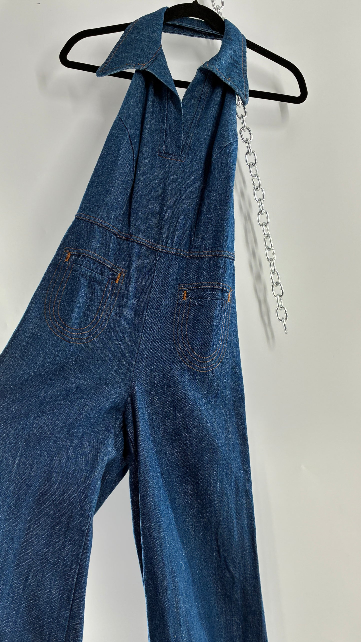 RARE Vintage 1970s Landlubber Medium Wash Denim, Sleeveless Halter, Wide Leg Bell Bottom, Jumpsuit (No Size on Tag, XS)
