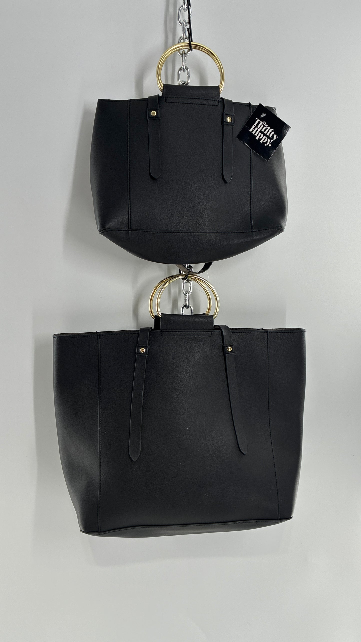 Black Vegan Leather Dual Size Purse Set with Pearl Studs