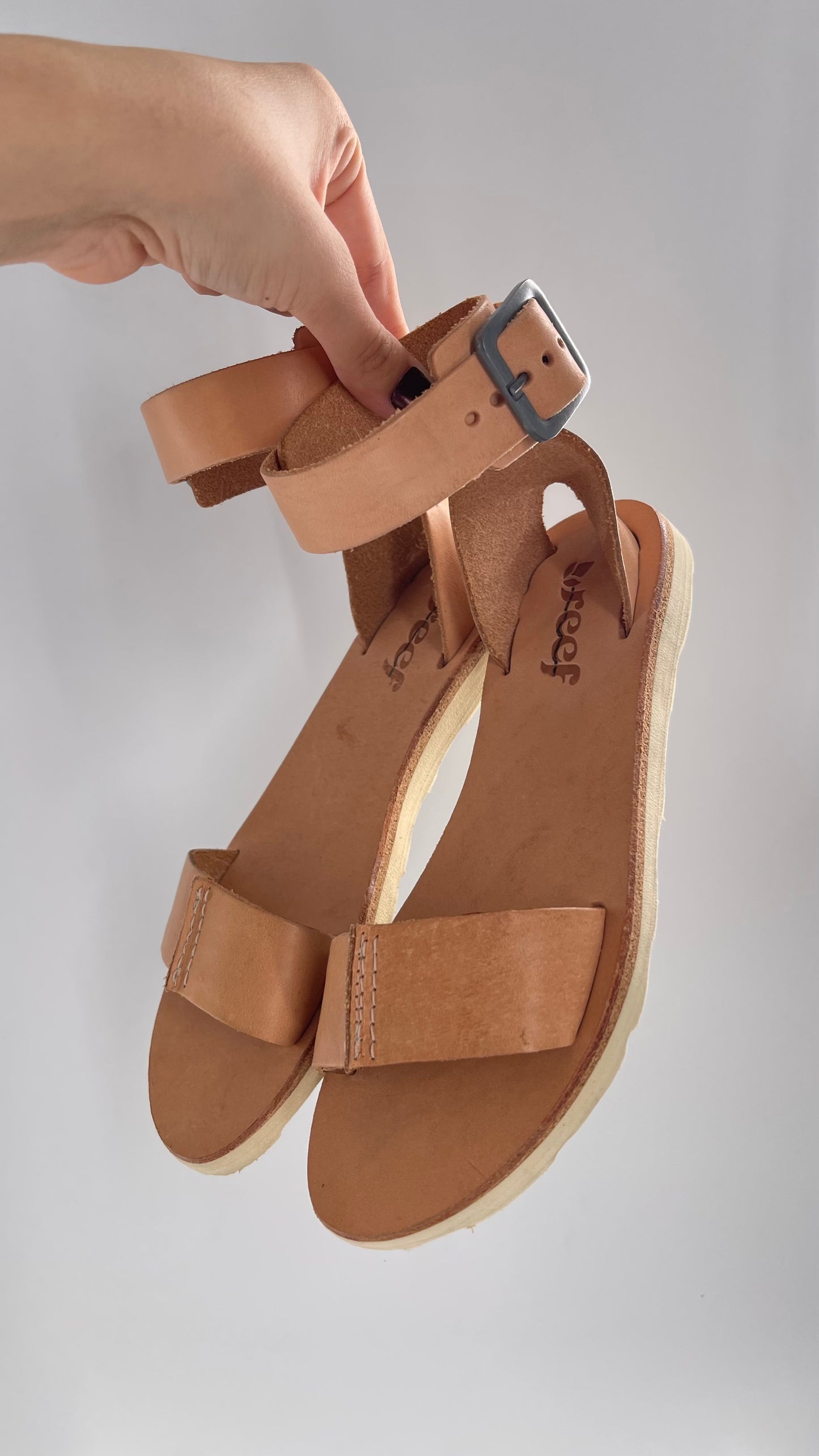 Free People Reef Light Nude / Tan Leather Sandals with Thick Ankle Strapped Buckle (6)