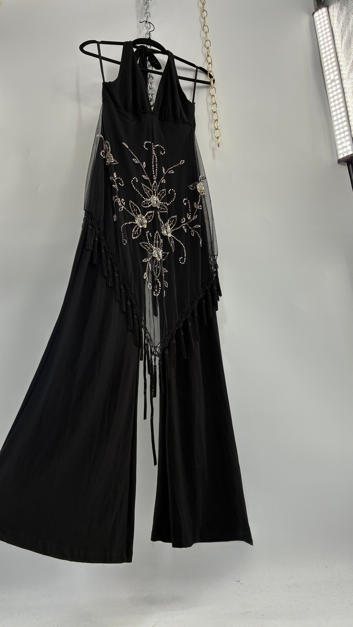 Vintage JANICE Black Jumpsuit with Fringe Embroidered Waist Detail (Large)