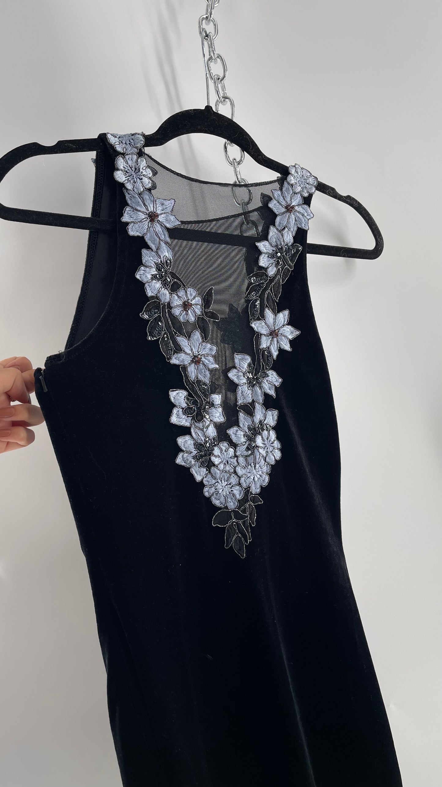 Vintage Jessica McClintock Black Velvet Fit And Flare Gown with Plunging Neckline Covered in Embroidered Beaded Pale Blue Flowers (2)