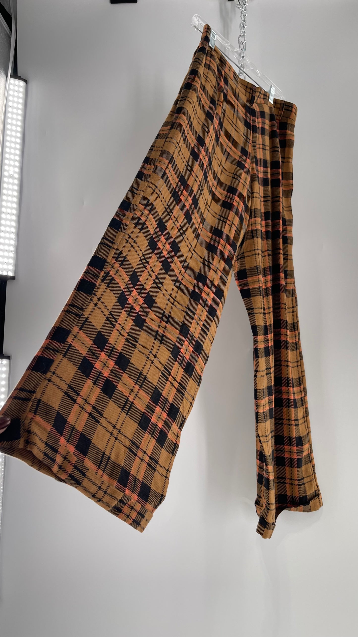 Free People Mustard,Salmon, Black Plaid High Waisted Wide Leg Trouser with Pleating (4)