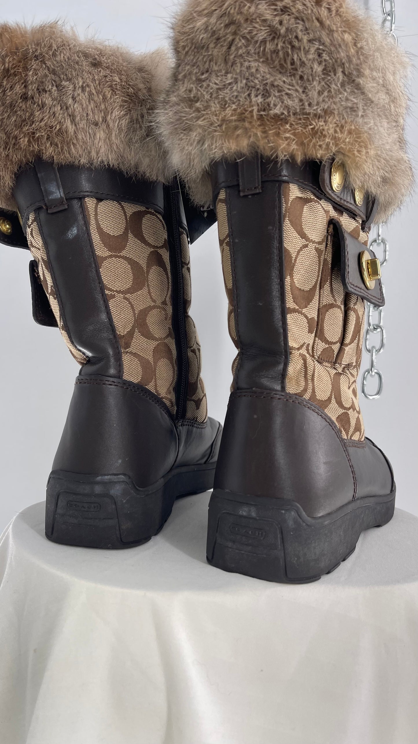 Coach Vintage Kimberly Brown Leather Quilted Monogram Rabbit Fur Trim Boot with Ankle Pouches  (8.5)