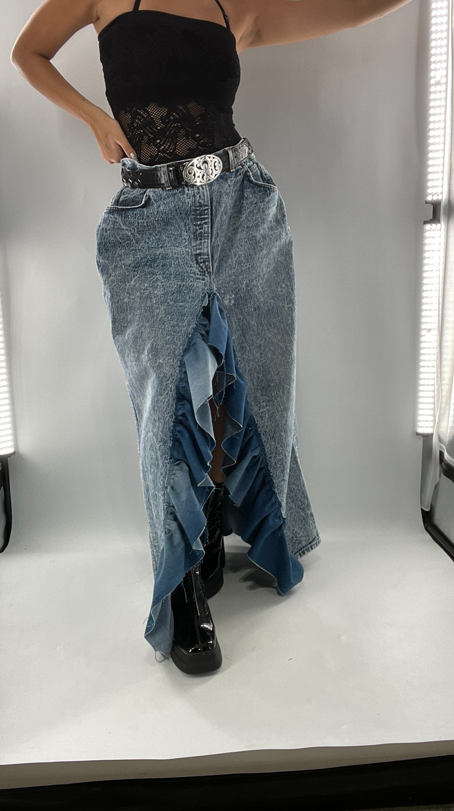 Custom Handmade Acid Wash Denim Slit Front Ruffled Skirt with Bow Bum (Large)