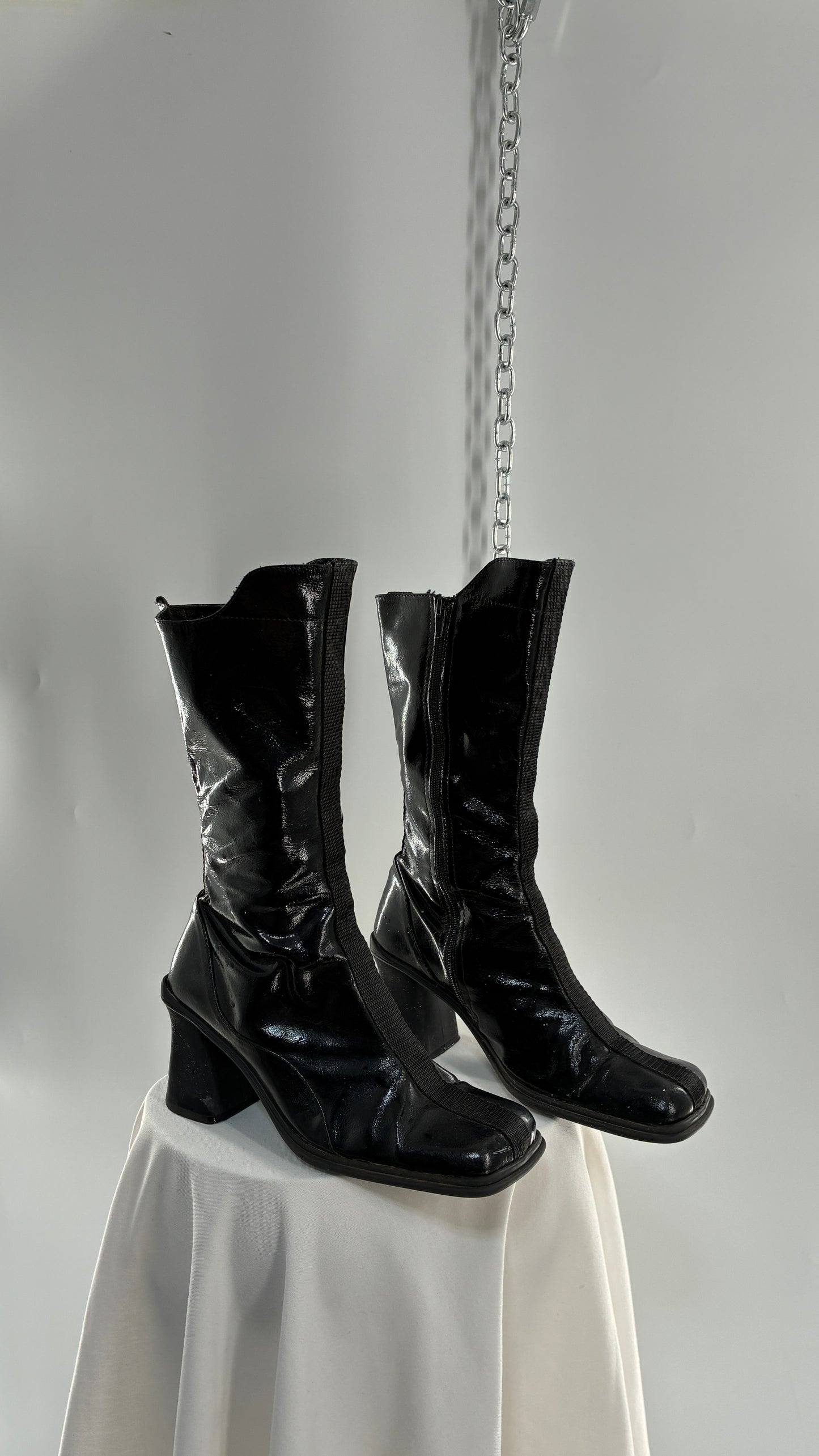 Vintage Black Patent Vinyl Boots with Square Toe and Block Heel with High, Low Calf (40)