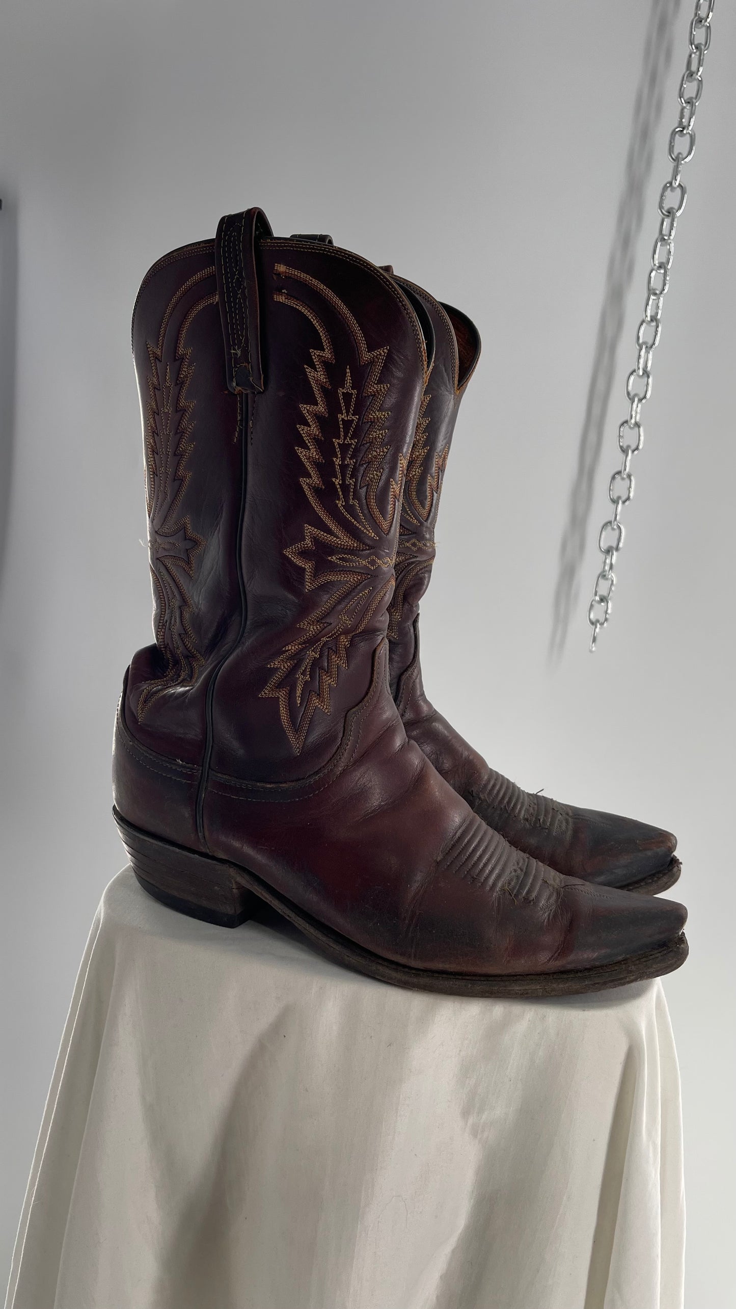 Vintage Men’s 1883 Luchesse Lived In Brown Cognac Leather Pointed Toe Cowboy Boots with Embroidery (12)