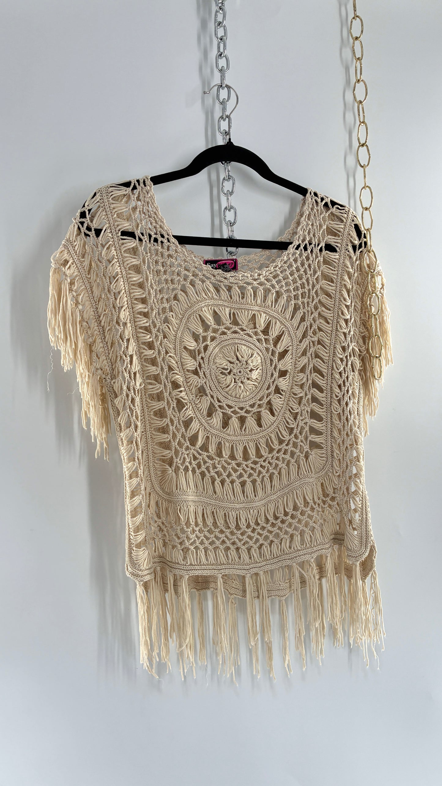 Vintage SAY WHAT Crochet Top with Fringe (Small)