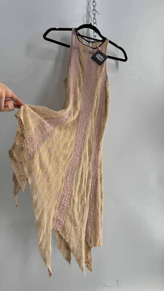 Free People Handkerchief Hem Paneled Gown with Beige Lace and Ruched Dusty Pink Stripes  (XS)