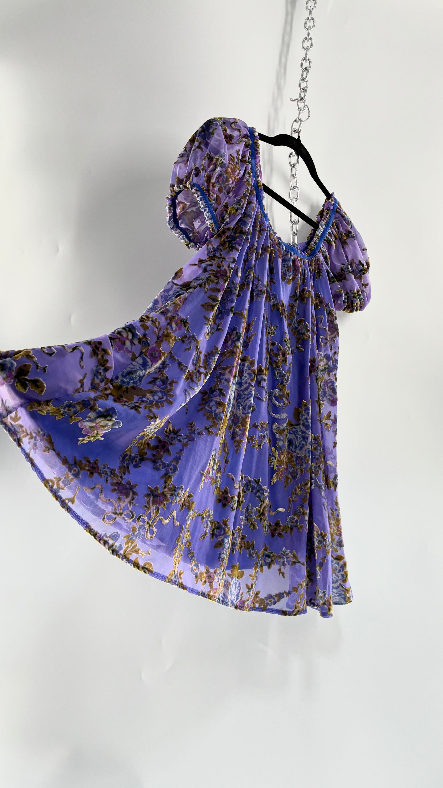 Free People Royal Blue Velour Floral and Bow Puff Sleeve Babydoll Mini Dress (XS)