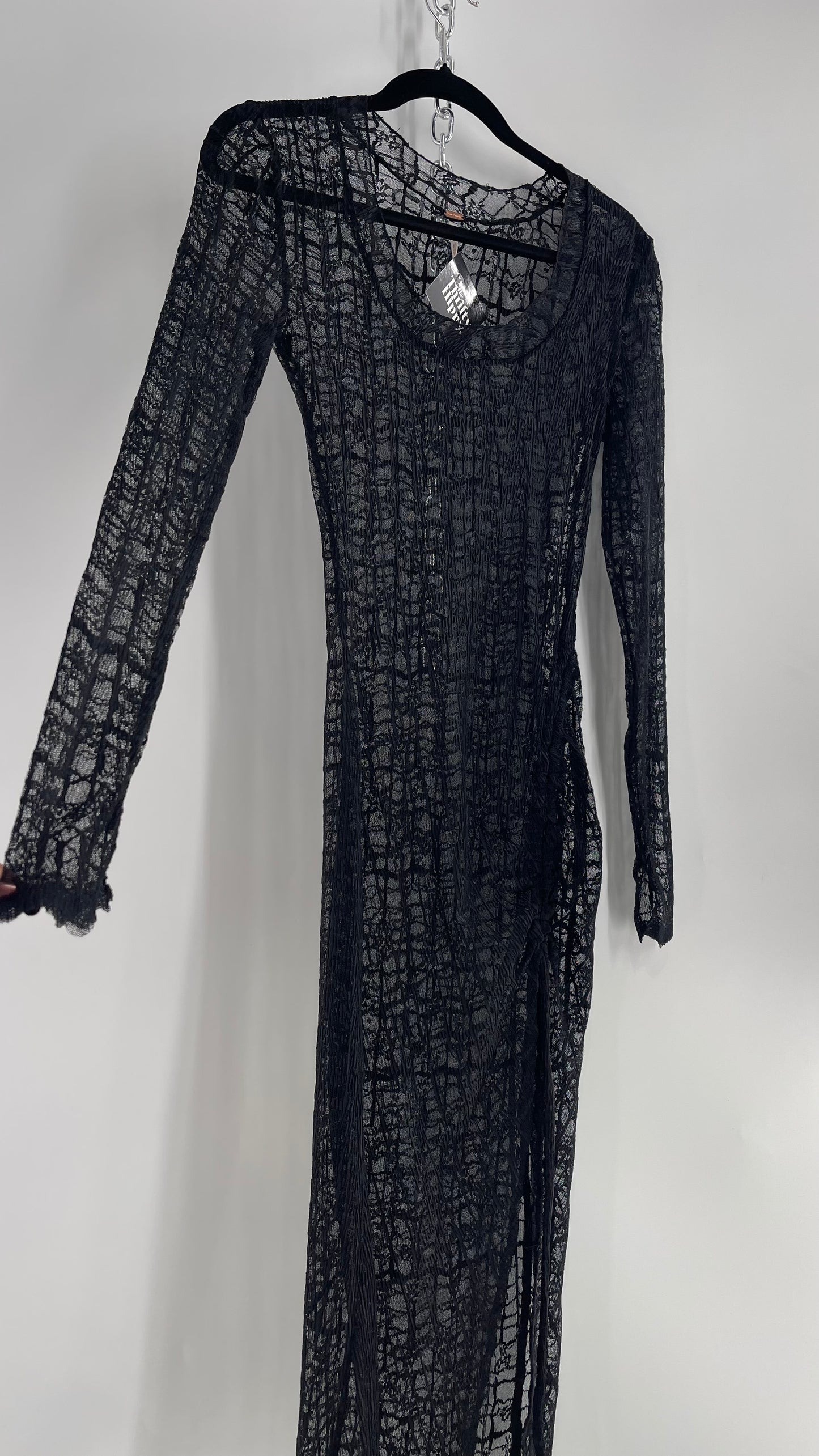 Free People Sabina Black Sheer Crimped Lace Long Sleeve Maxi with Ruched Slit (XS)