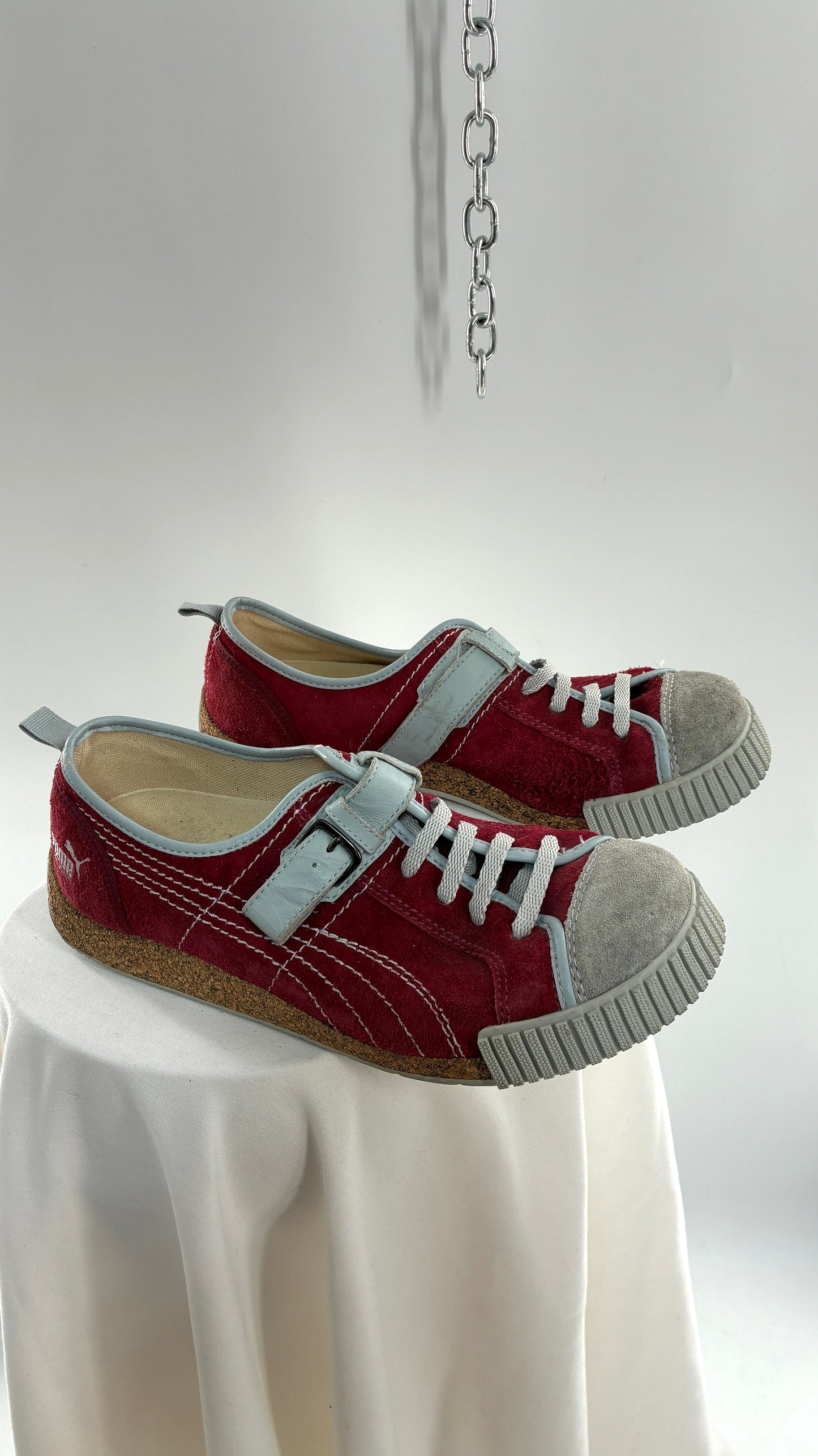RARE 1/1 PUMA X Neil Barrett 2004 Maroon Red Suede Round Toe Sneaker with Powder Blue Stitching, Laces, and Velcro Buckle (11)