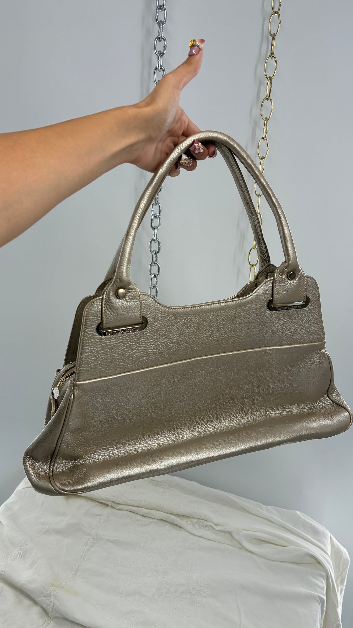 Vintage NOTTINGHILL DESIGNS Westbourne Metallic Champagne Genuine Leather Pocketed Bag with Exaggerated Hardware As Seen on Gossip Girl