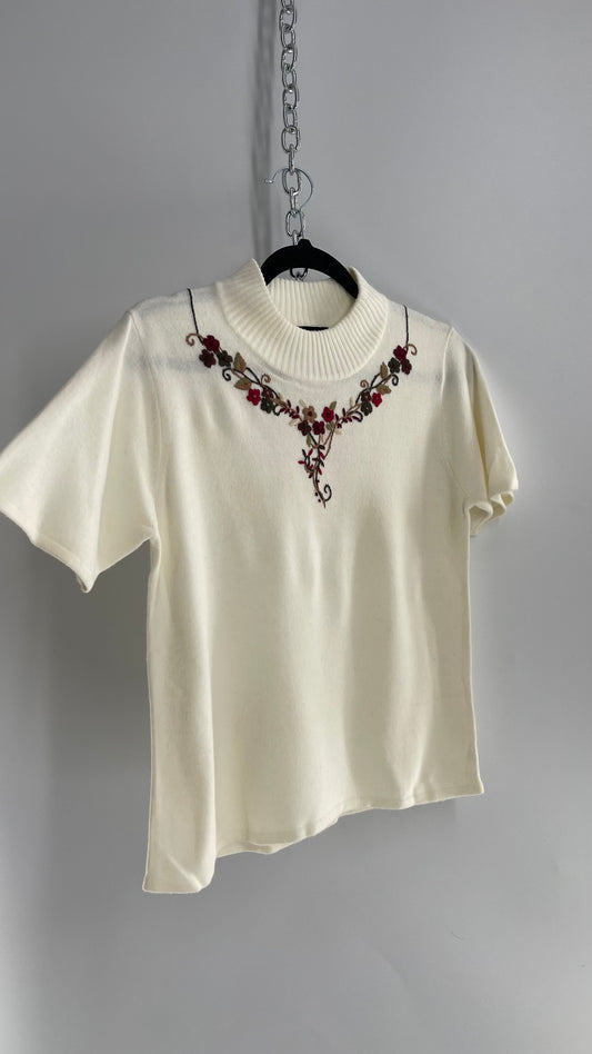 Vintage T&Company Ivory Mock Neck Knit with Embroidered Neckline (Small)