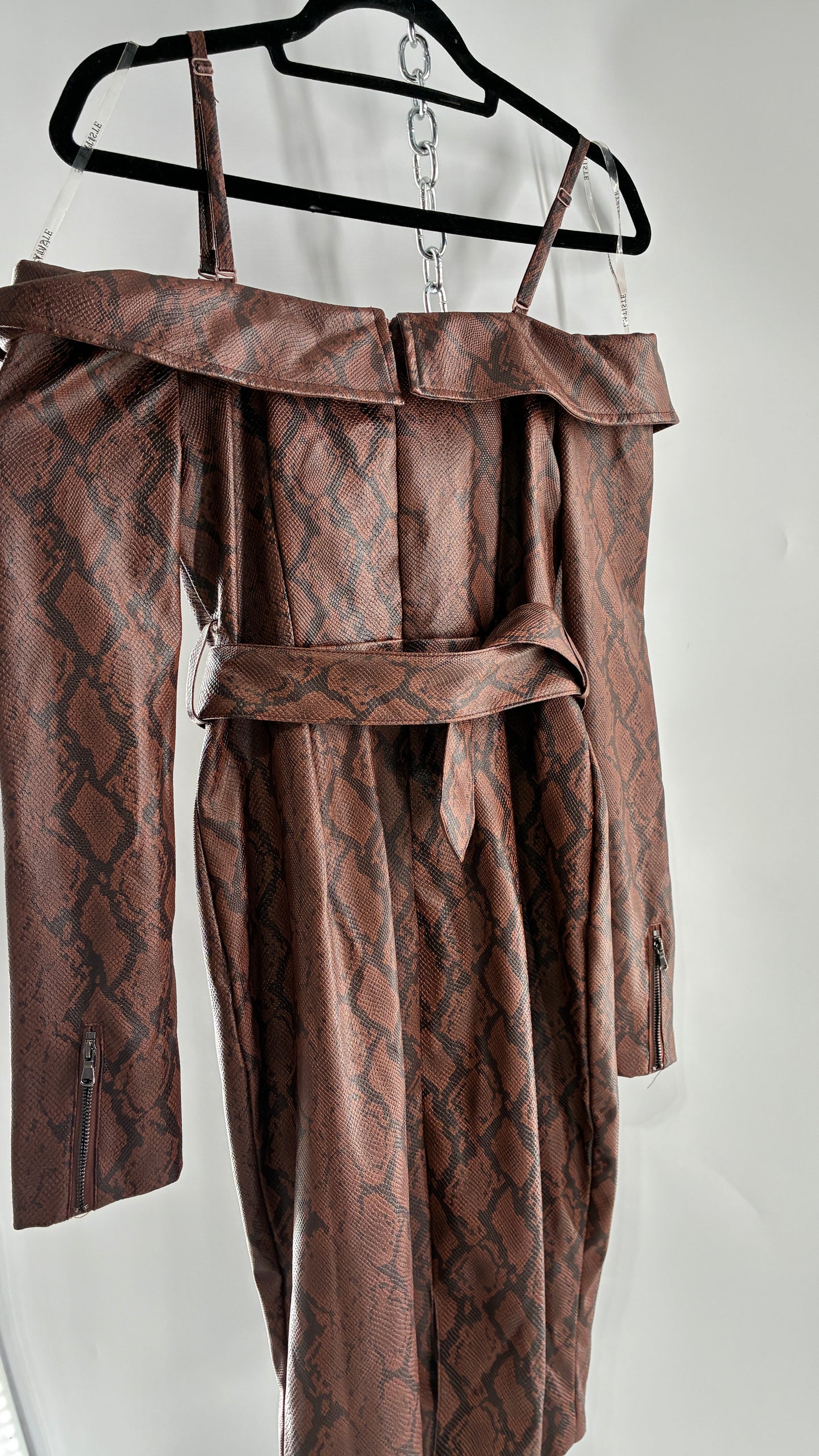 L’ATISTE Snakeskin Vegan Leather Moto Off the Shoulder, Knee High Dress (Medium)