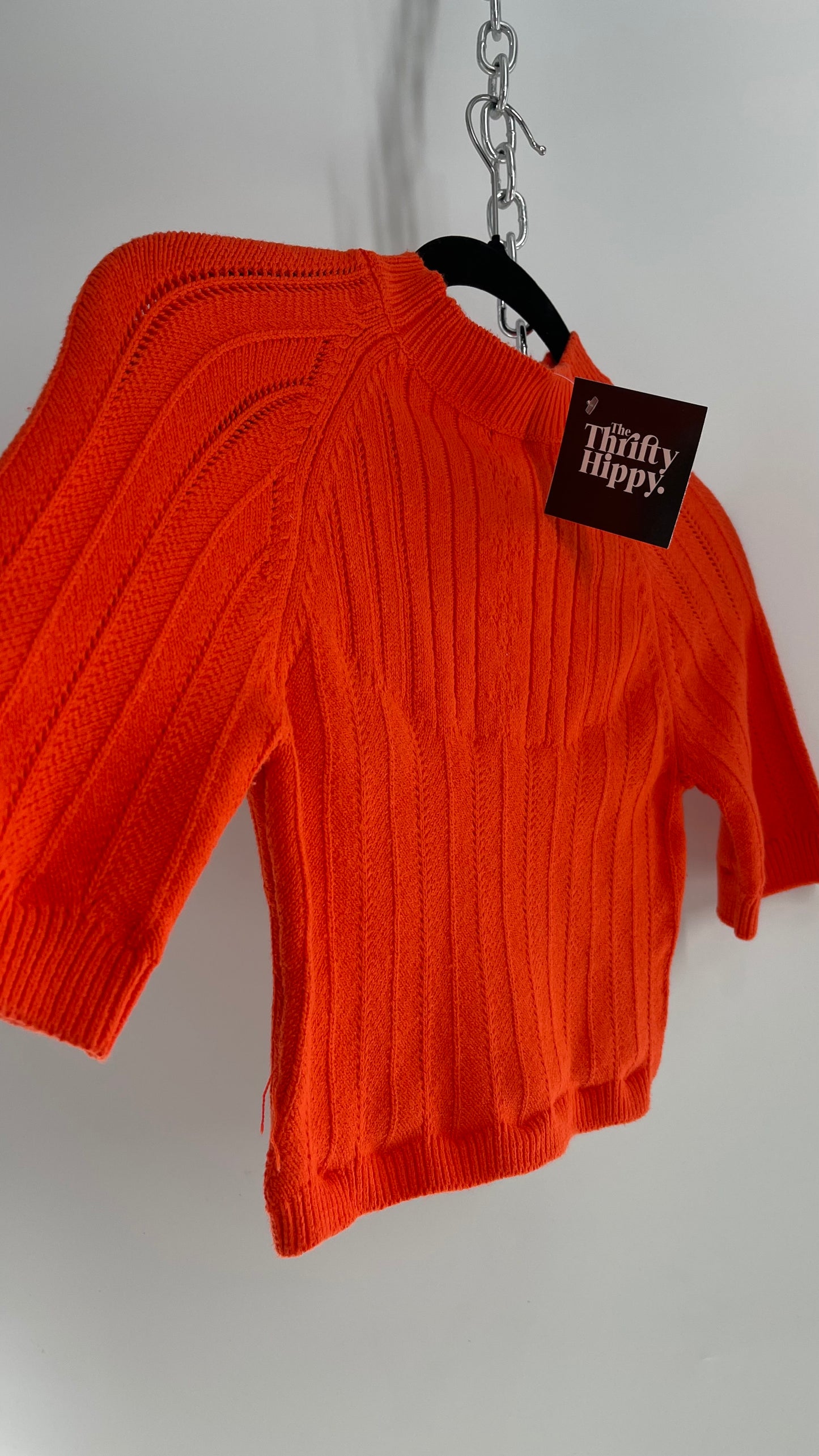 Free People Orange Knit Mock Neck Sweater with Keyhole Open Back (Medium)