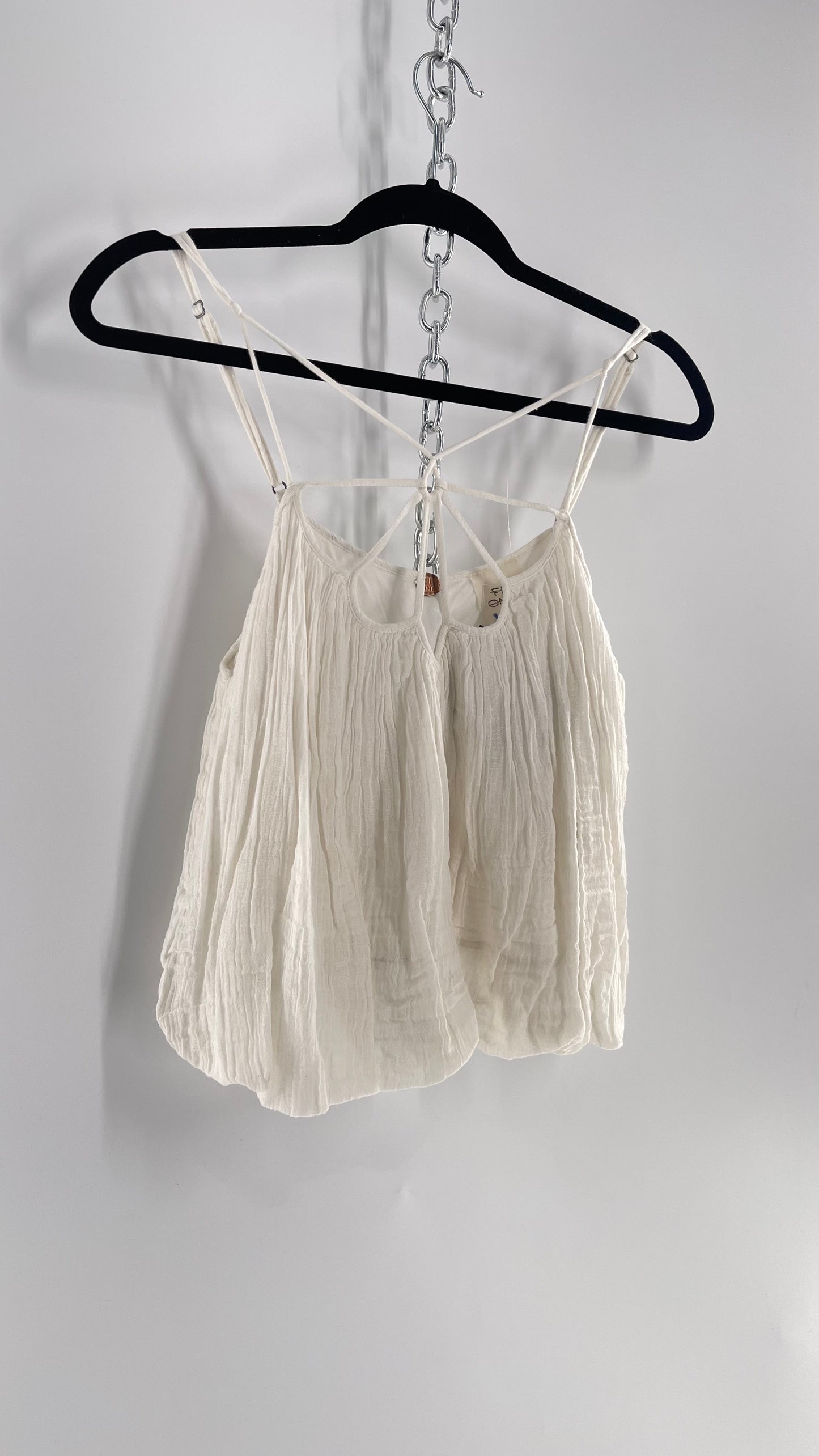 Free People White Cotton Bubble Sleeveless Blouse with Strappy Neckline (M)