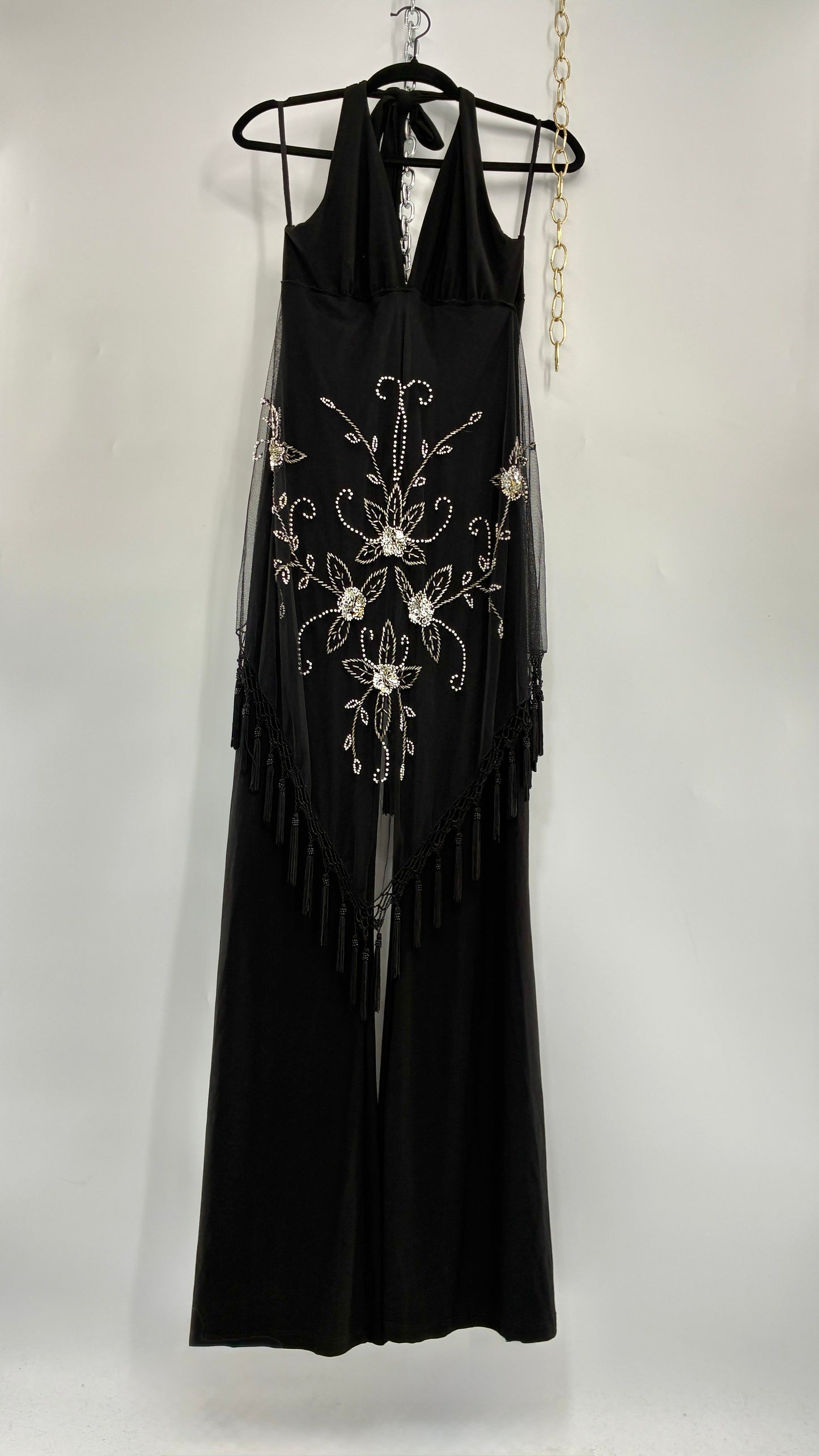 Vintage JANICE Black Jumpsuit with Fringe Embroidered Waist Detail (Large)