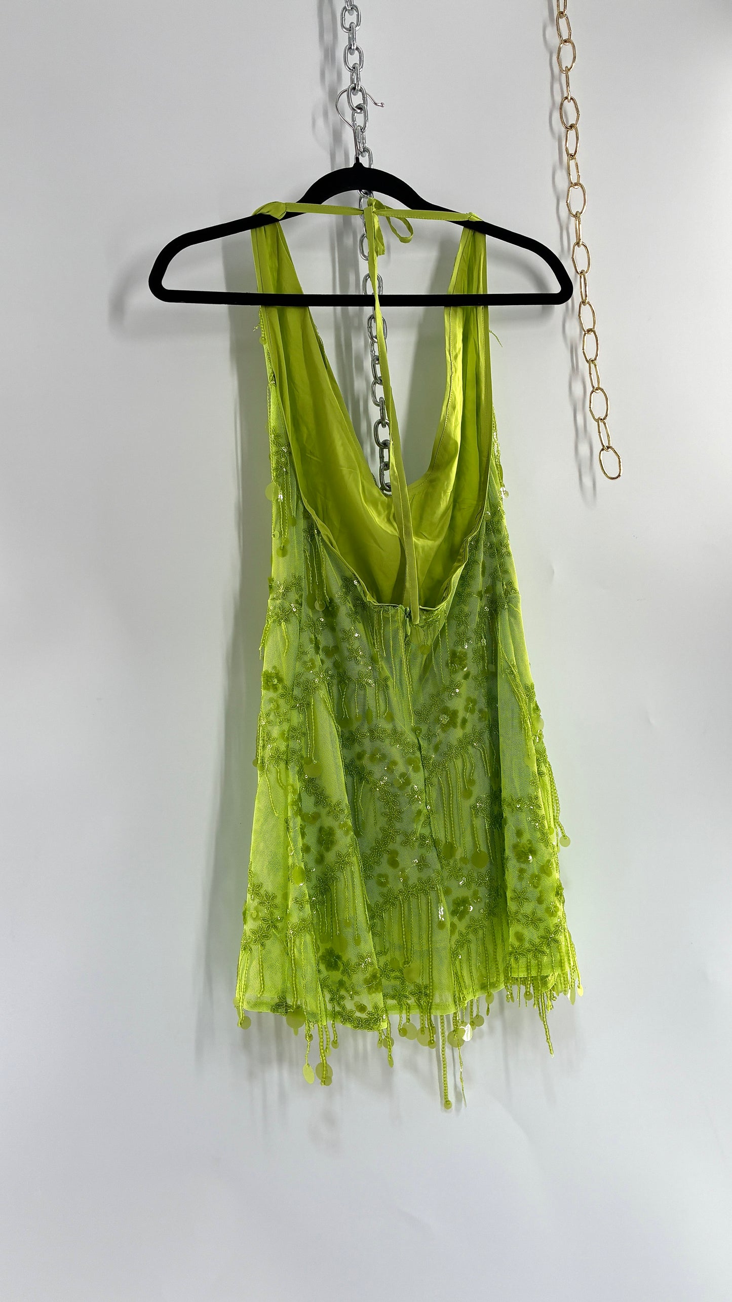 Green Beaded Backless Mini Dress (Small)