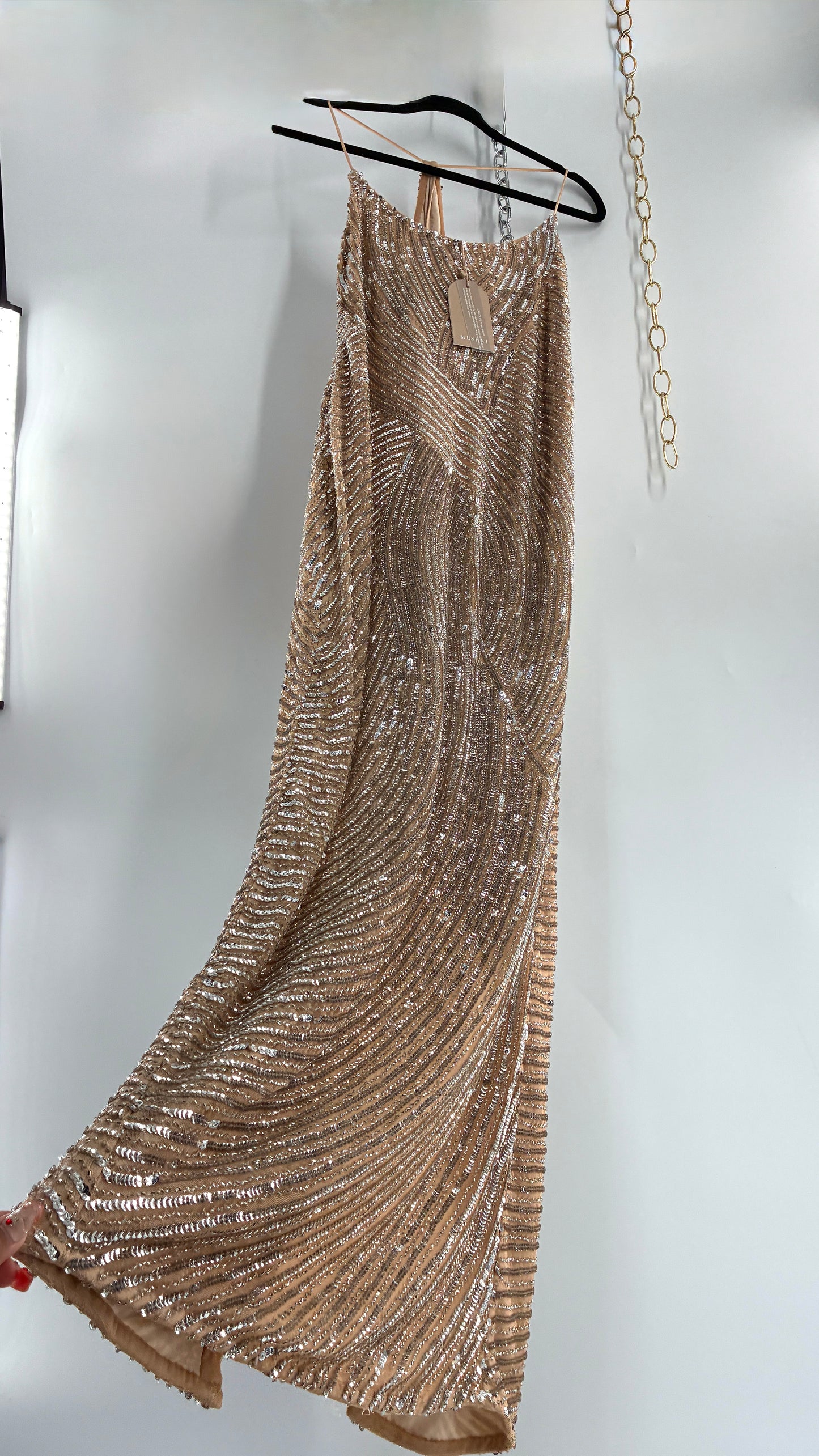 MESHKI Tierra Nude Full Length Dress with Silver Sequins with Tags Attached (XXXL)