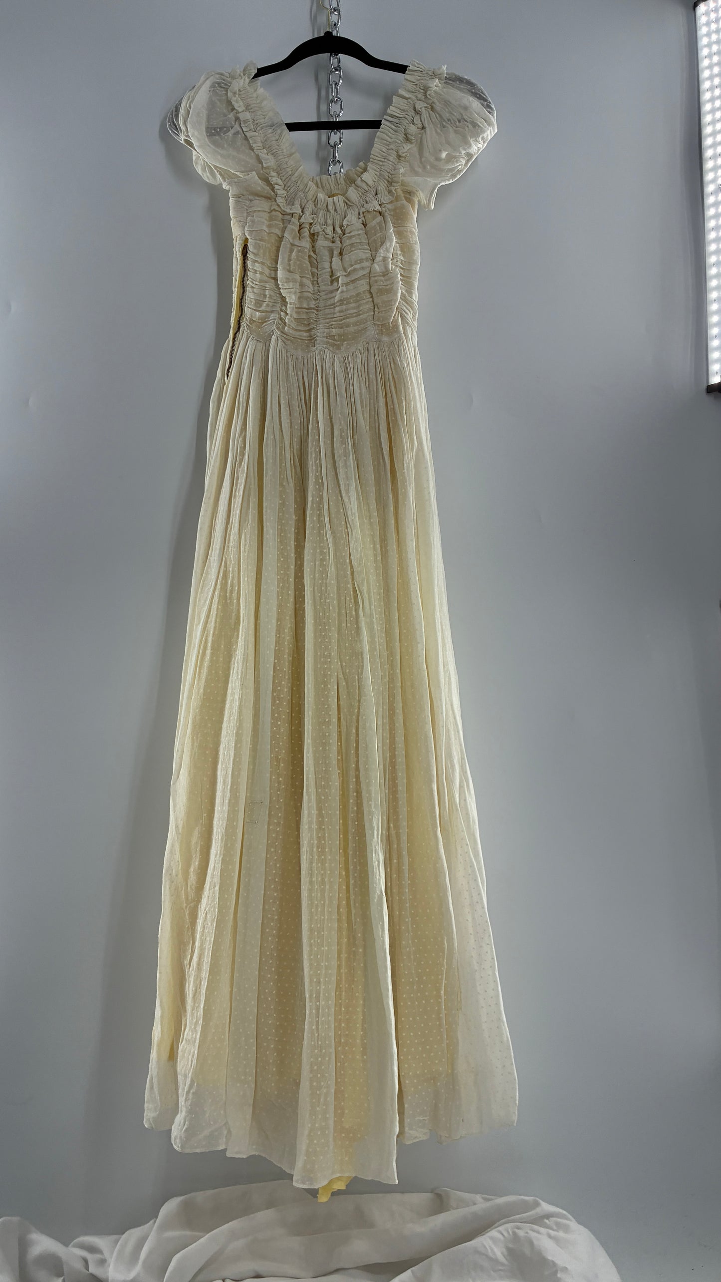 Vintage 1970s Off White Cotton Handmade Maxi Dress with Ruched Bodice, Puff Sleeves, and Polka Dot Texture (XS/S)