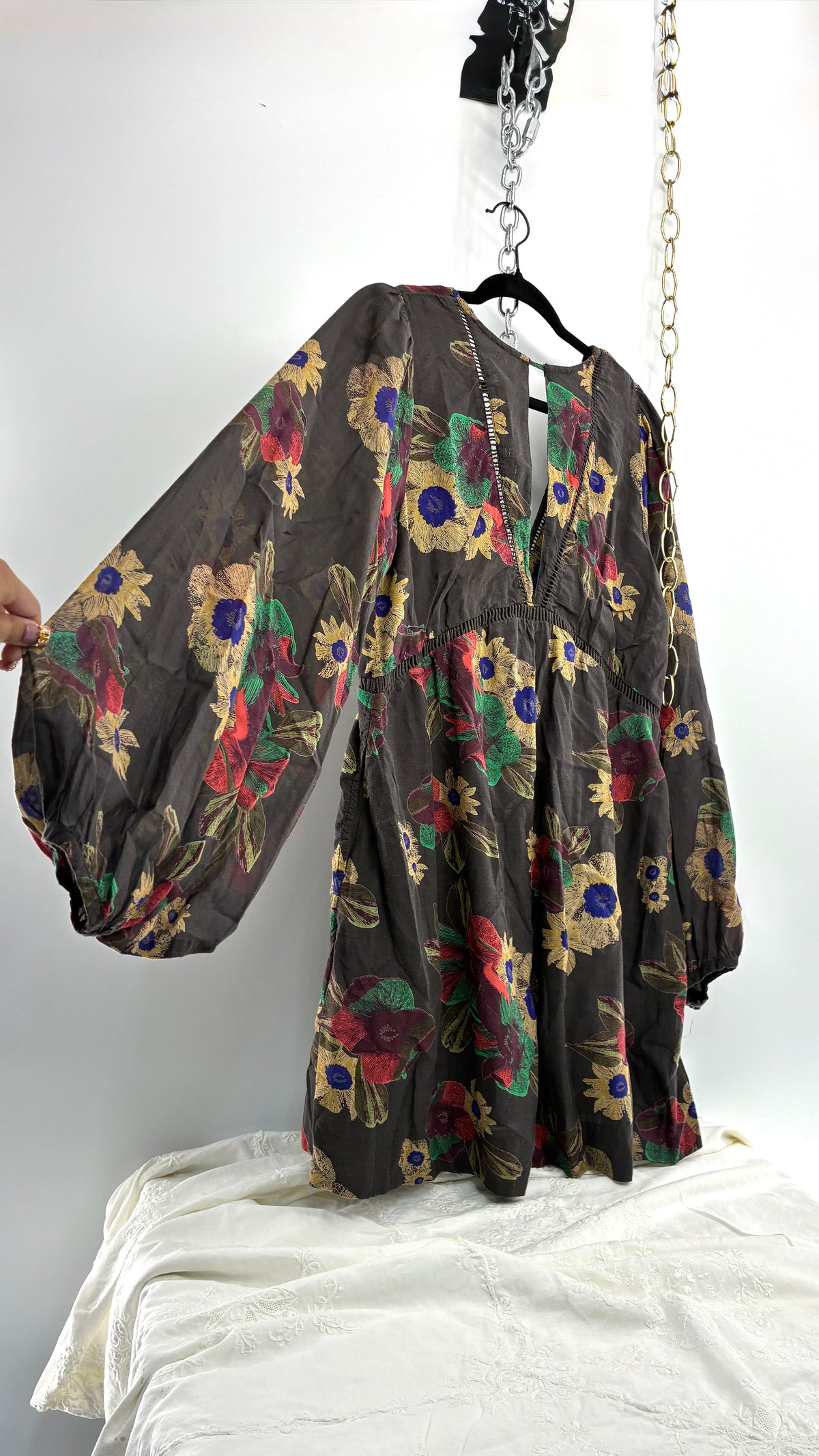 Vintage Free People Slate Grey Dress with Primary Florals (Medium)