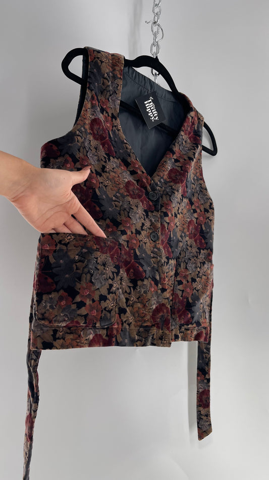 Vintage Muted Florals Velvet Vest with Front Pockets and Waist Tie (Medium)