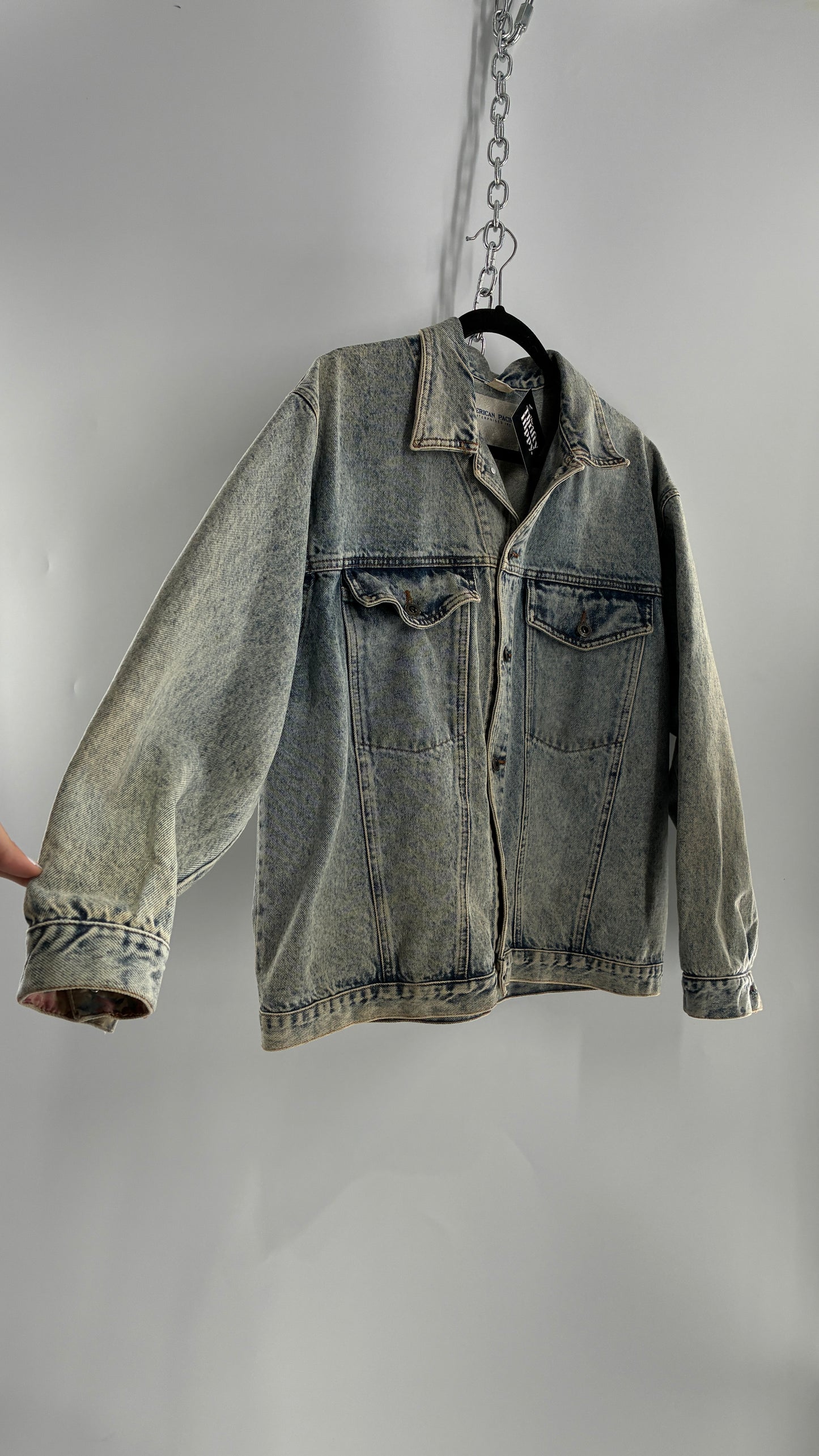 Vintage American Pacific Acid Wash Denim Jacket with Floral Patterned Cuffs (Large)