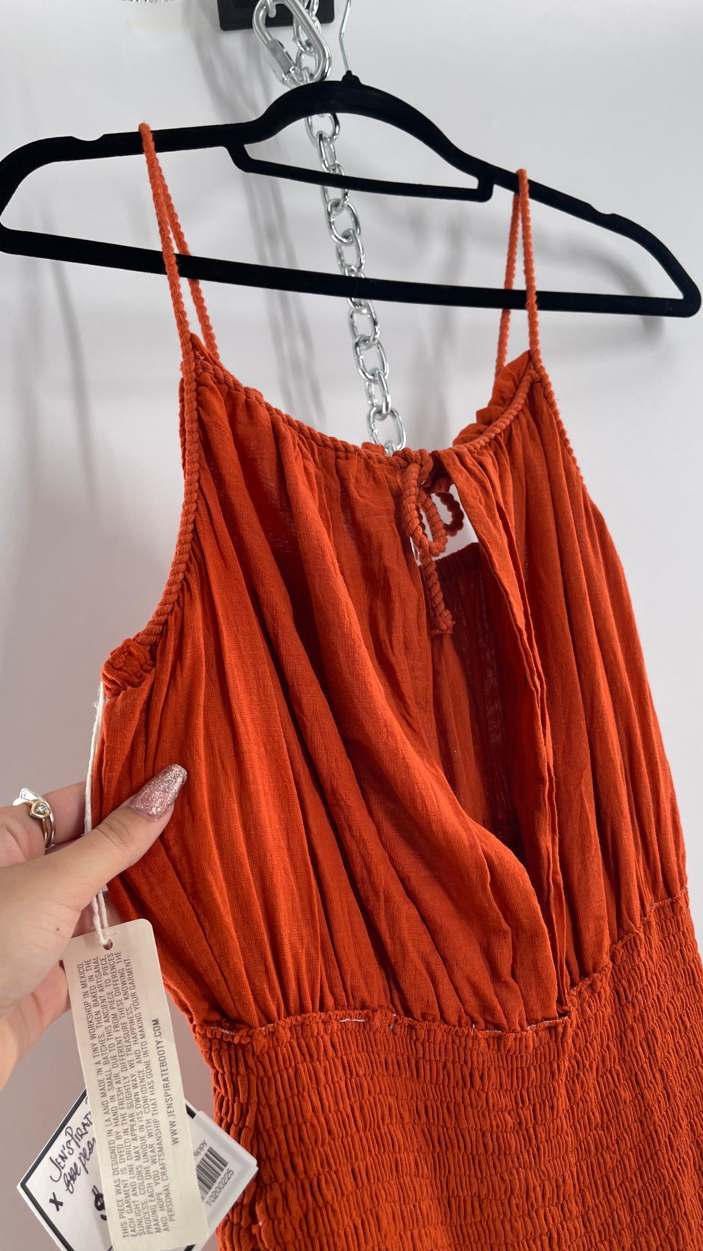 Free People Burnt Orange Smocked Pointed Waistline, Open Bust Jen’s Pirate Booty Romper Tags Attached 100% Cotton(XL)