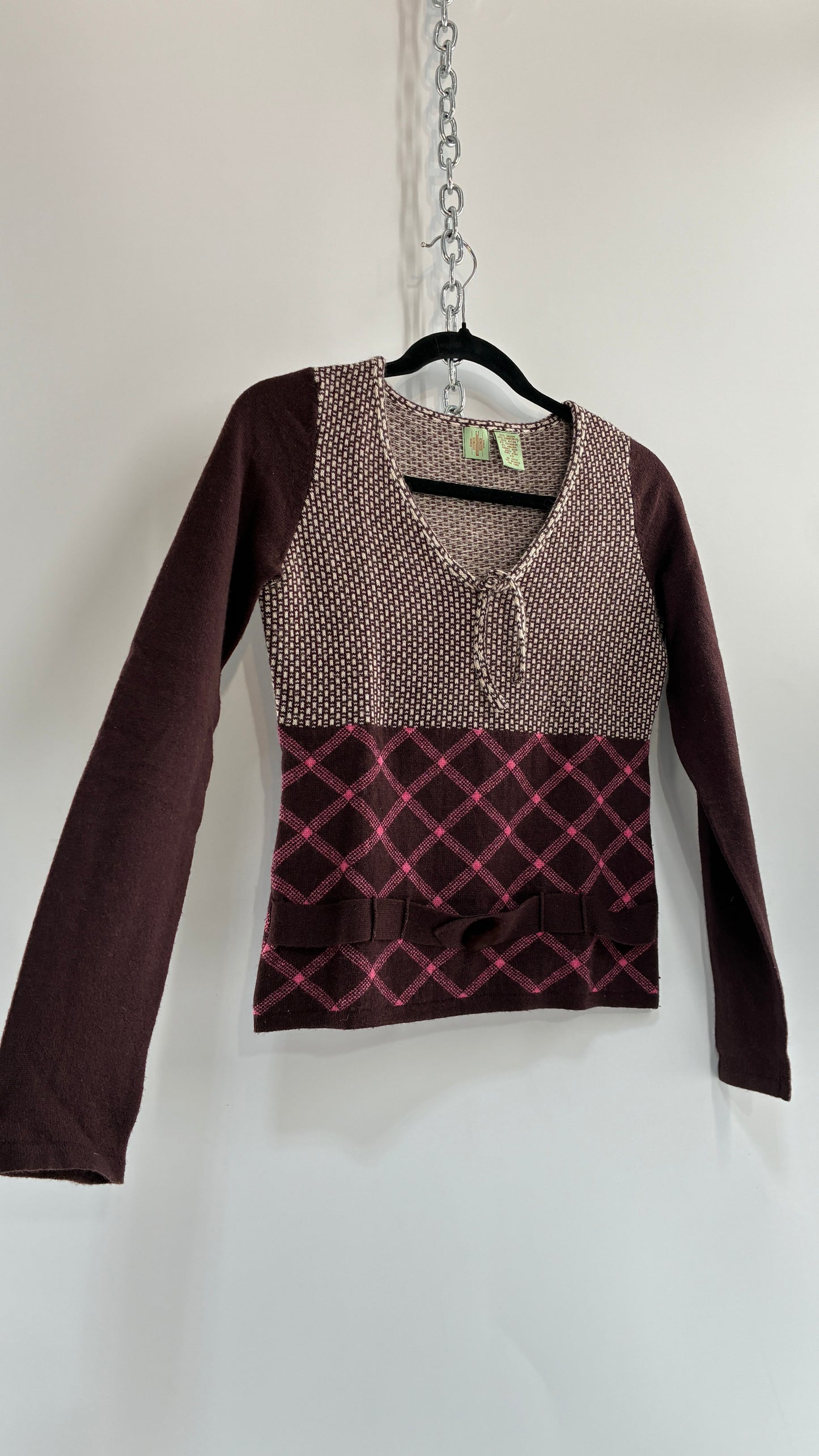 Vintage ANTHROPOLOGIE Lambswool, Rabbit and Cashmere Blend Brown Knit Long Sleeve with Belted, Buttoned Detail (XS)