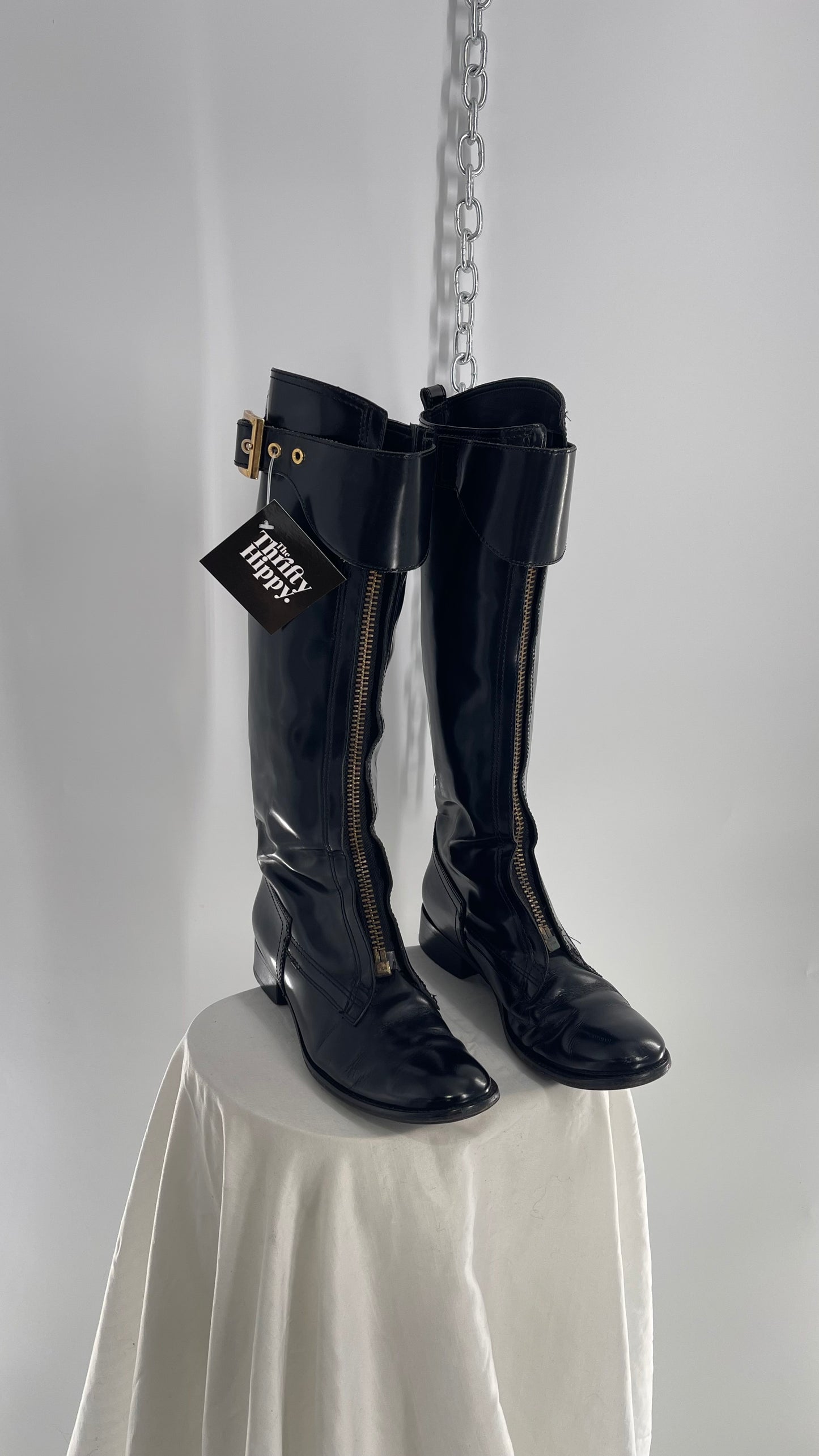 Vintage Tory Burch Patent Leather Bronze Zipper Front Riding Boots (8)