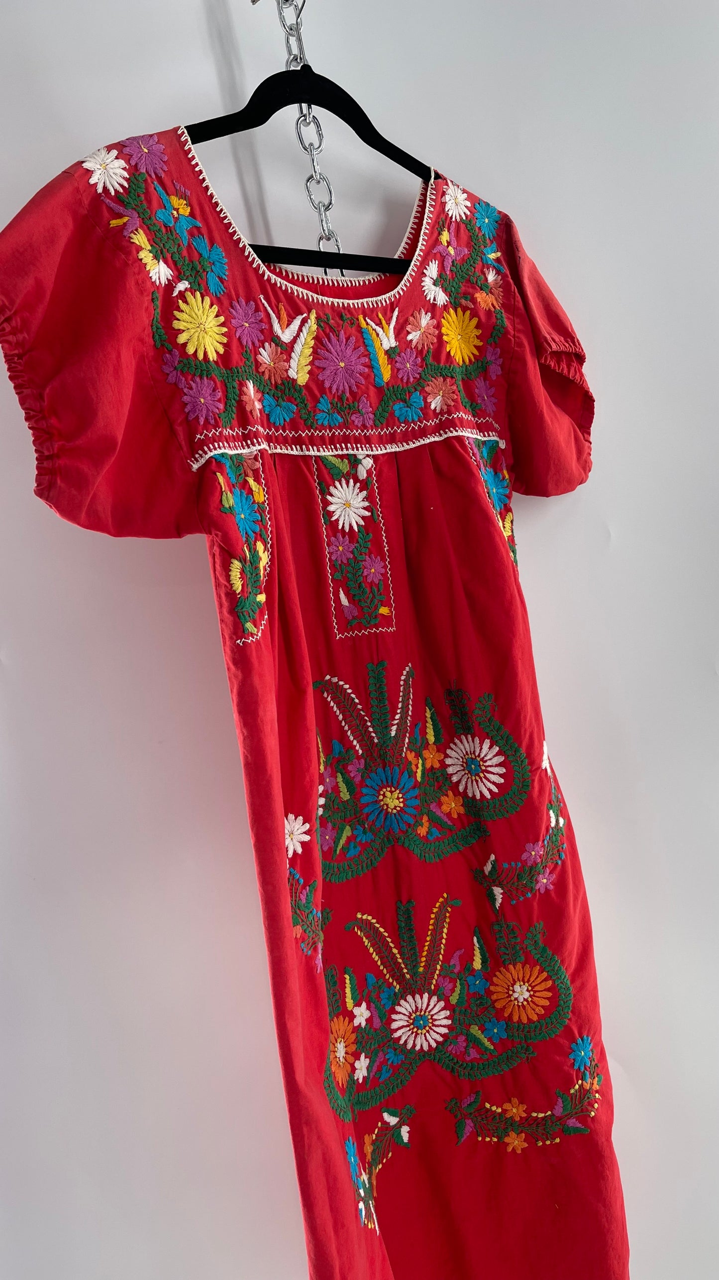 Vintage 1970s Red Cotton Dress with Hand Embroidered Florals Imported from Mexico (Small)