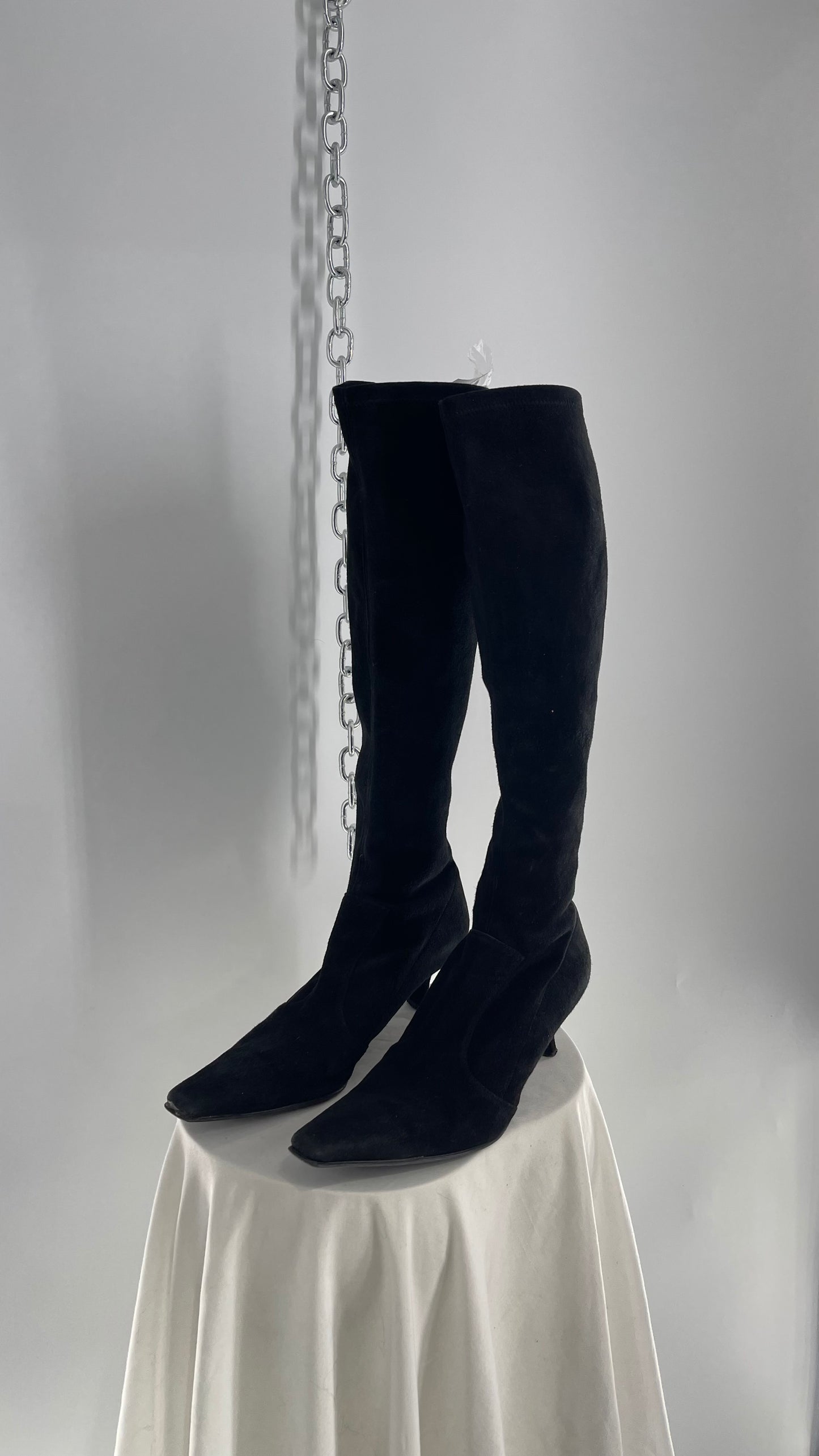 Vintage 1990s Stuart Weizmann Black Suede Leather Kitten Heel Pointed Toe Knee Highs (8.5)