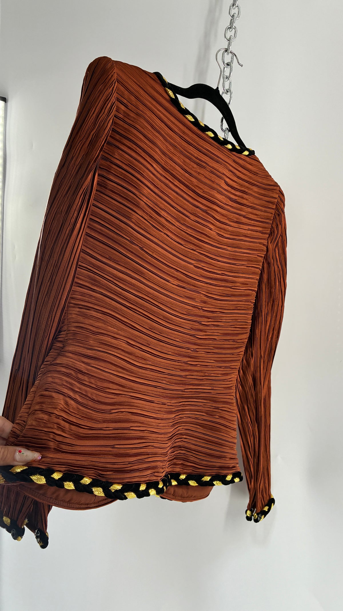 Vintage GEORGE F COUTURE Plissé 2 Piece Burnt Orange Structured Blazer Set with Velour, Gold Rope Detail (6)