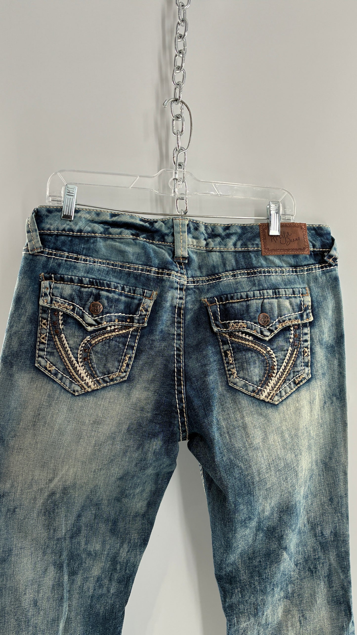 Vintage ARIYA JEANS Acid Washed Kick Flares with Embroidered Pockets (15/16)