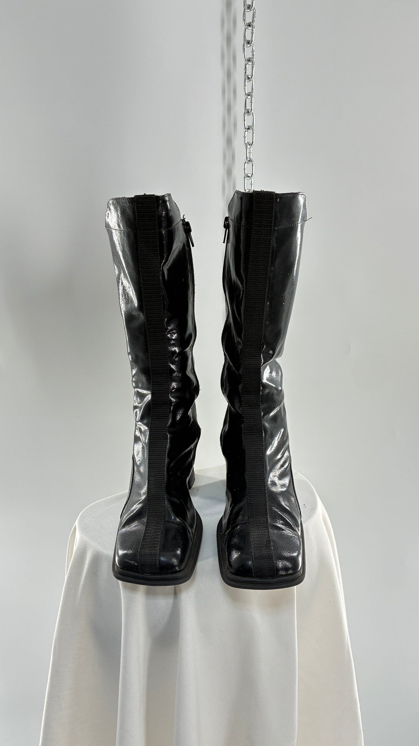Vintage Black Patent Vinyl Boots with Square Toe and Block Heel with High, Low Calf (40)