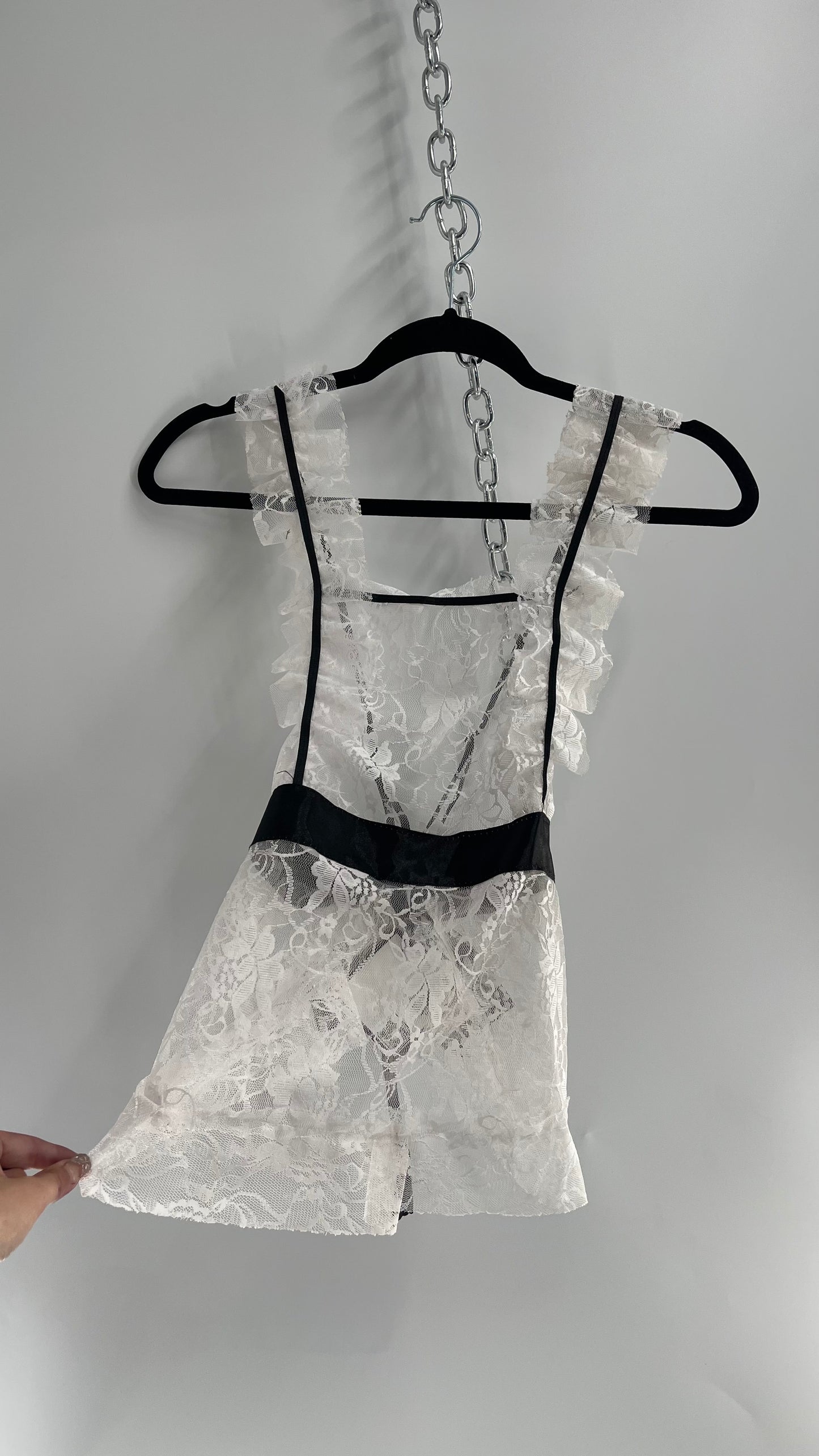 Vintage White Lace Apron Blouse with Black Ribbon (Small)