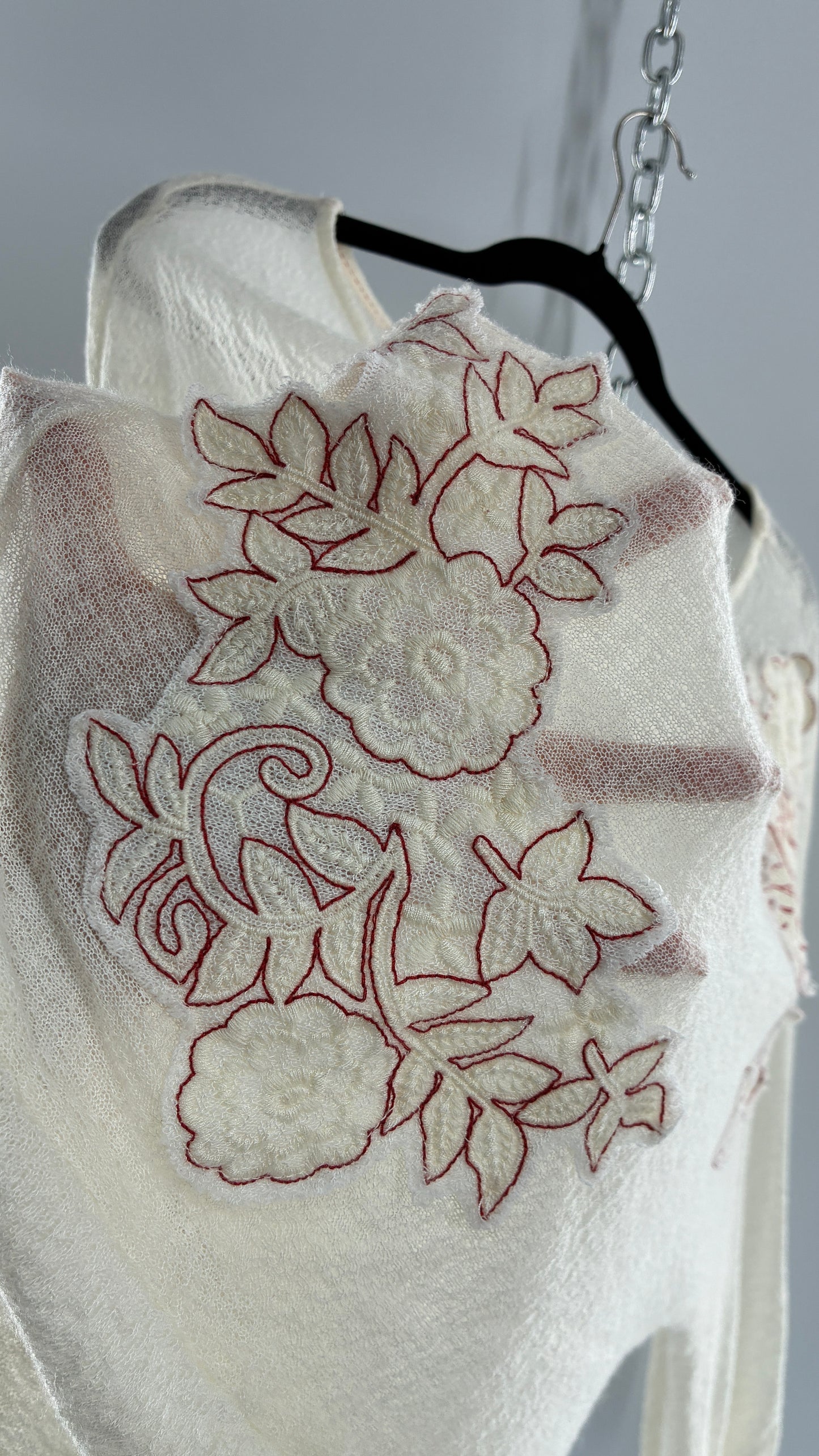 Vintage AKEMI + KIN 30% Wool Off White Gauze Blouse with Embroidered Appliqués (Medium)