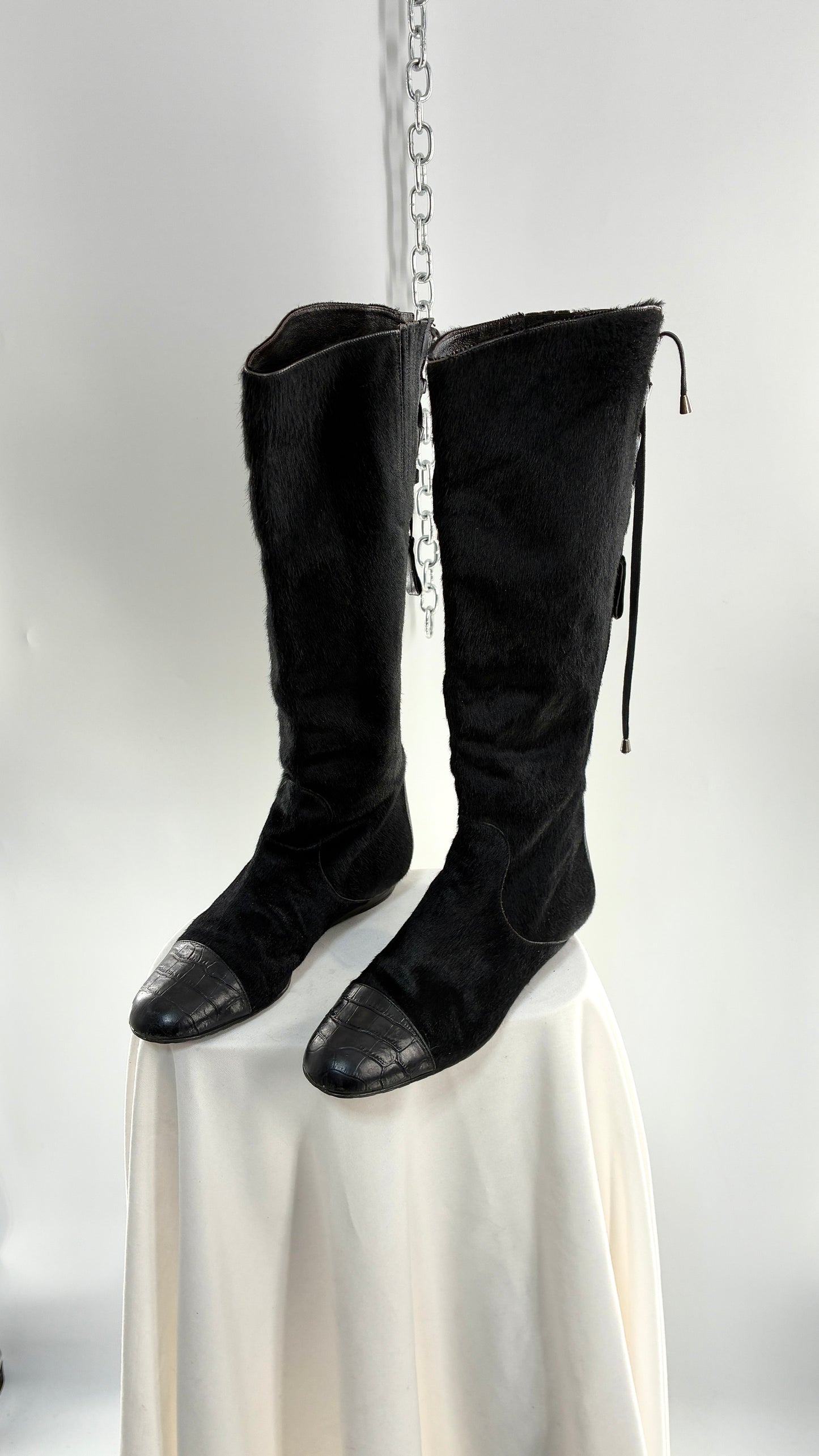 Vintage MIGLIORINI Black Genuine Calf Hair/Fur Boots with Heel, Made in Italy (7.5)