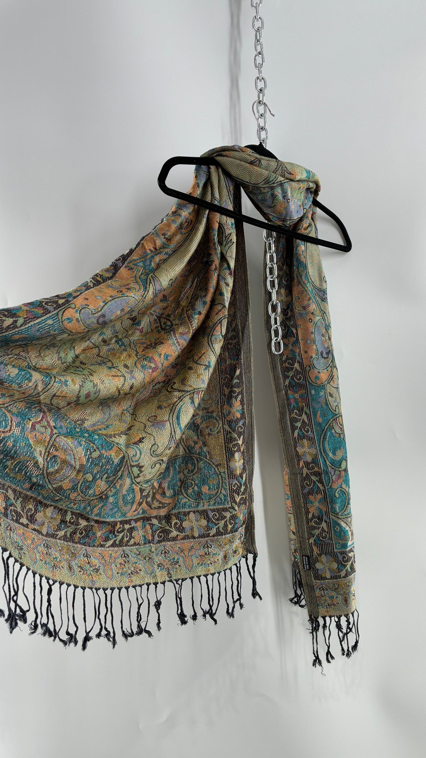 Vintage Pashmina Green Paisley Fringe Scarf