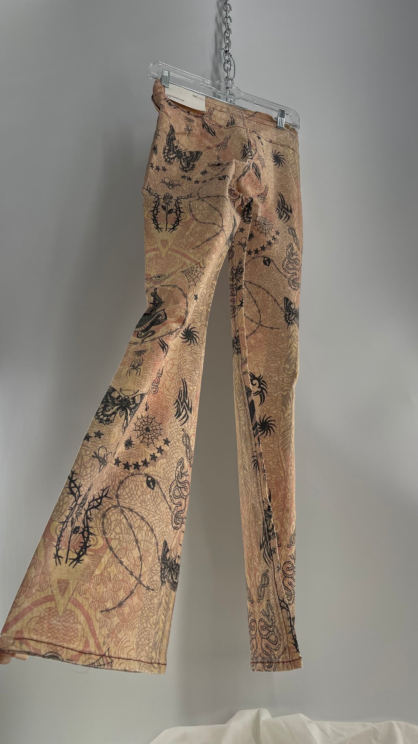 BDG Tan Flare Scrunch Front Flared Bell Bottoms with Tattoo Graphics and Tags Attached (27)