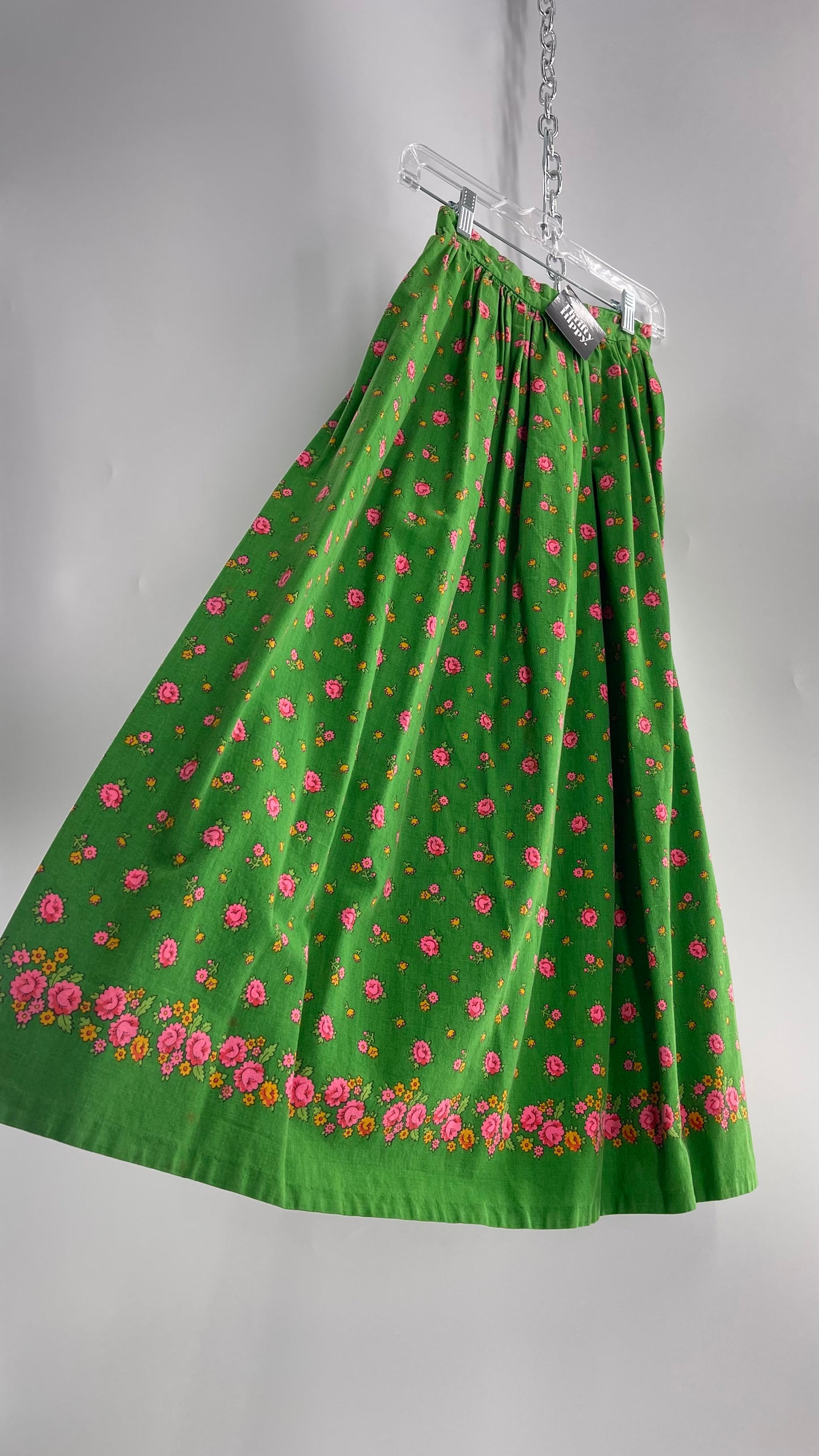 Vintage Imported Cotton Kelly Green Skirt with Pink Roses (XS)