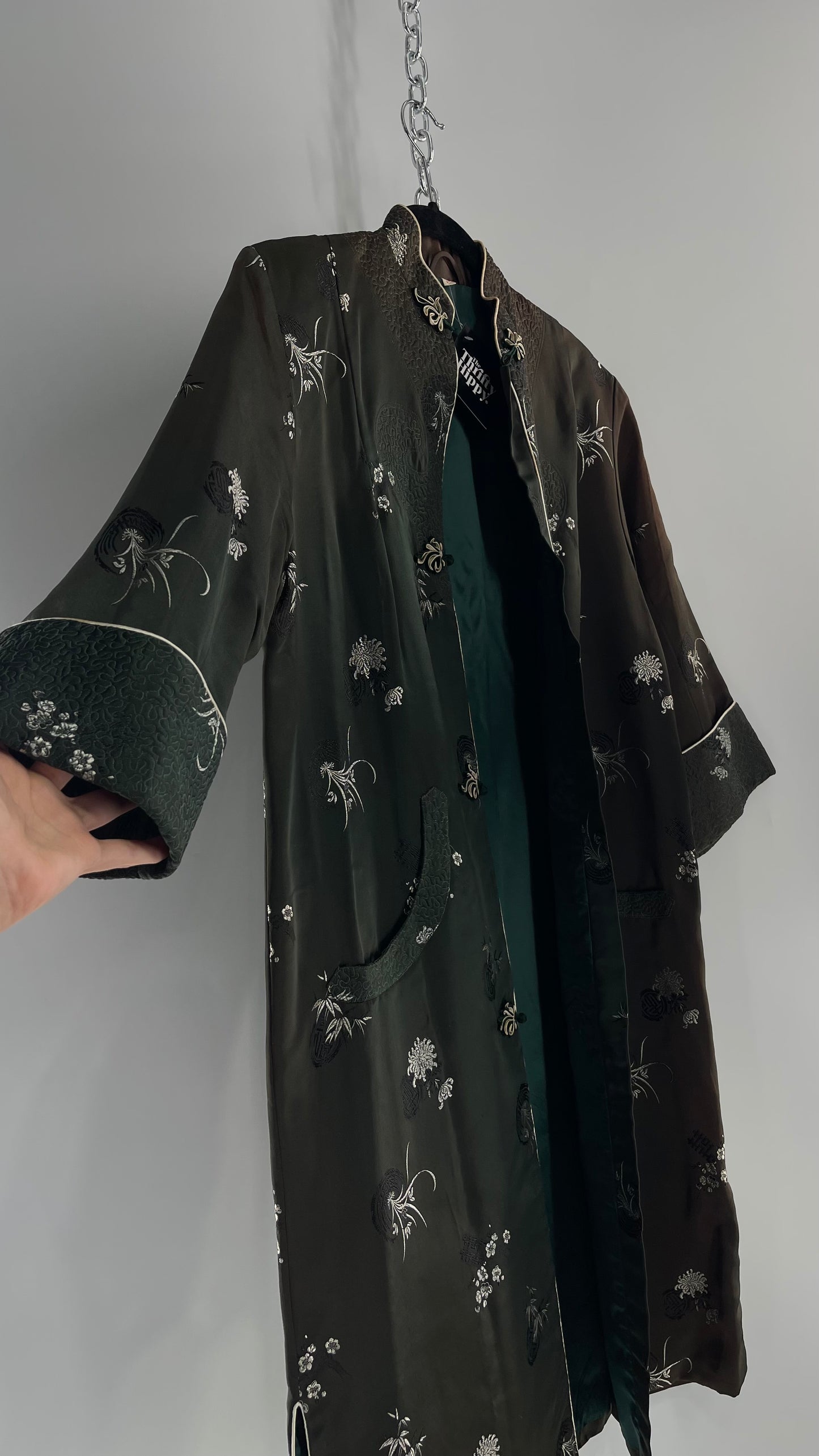 Vintage Hong Kong, Hand Made, Dark Green Silk Kimono Coat/Smoking Jacket (38)