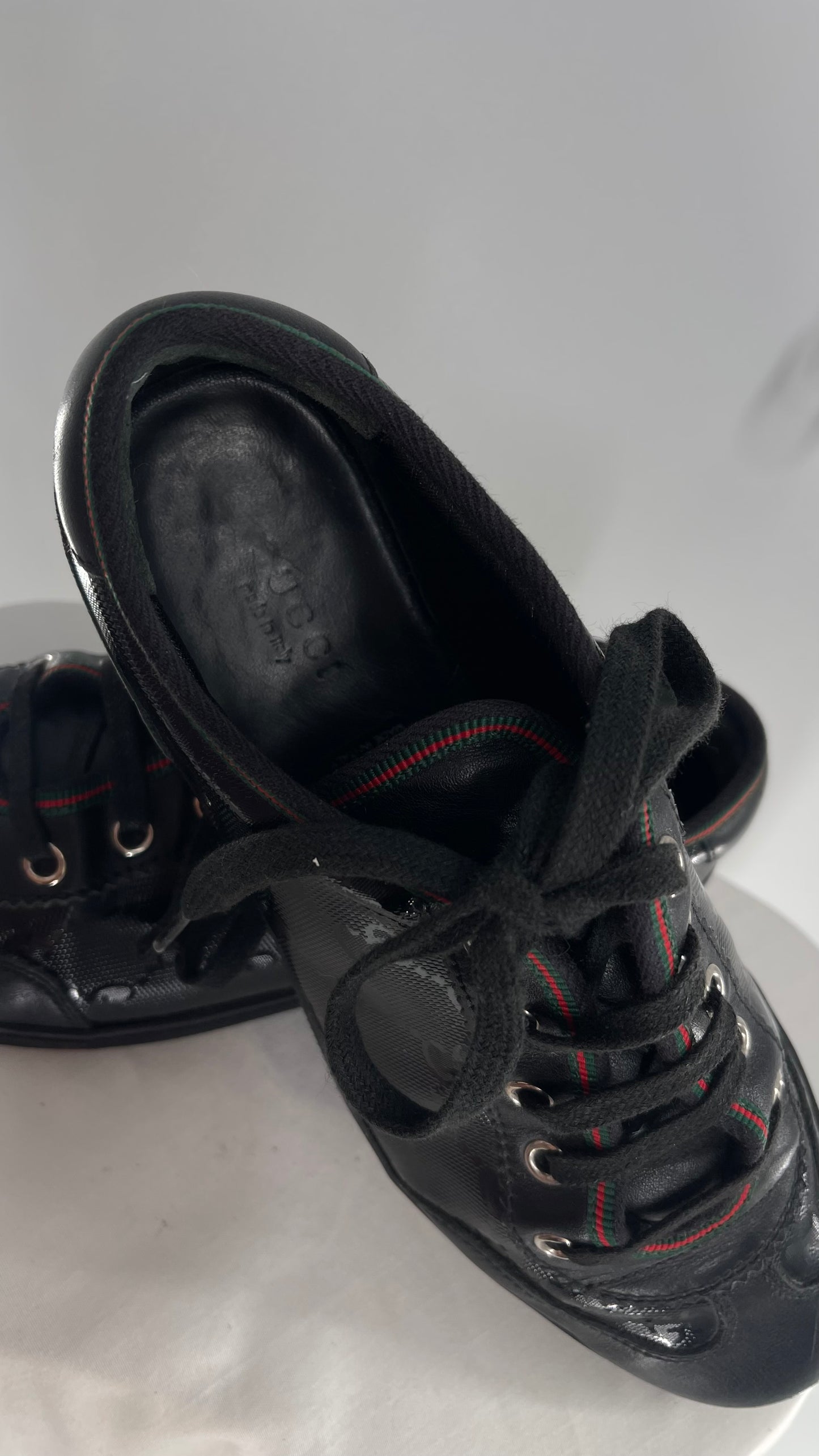 Vintage GUCCI Worn Black Leather Monogram Low Top Sneakers with Red/Green Iconic Trim (37)