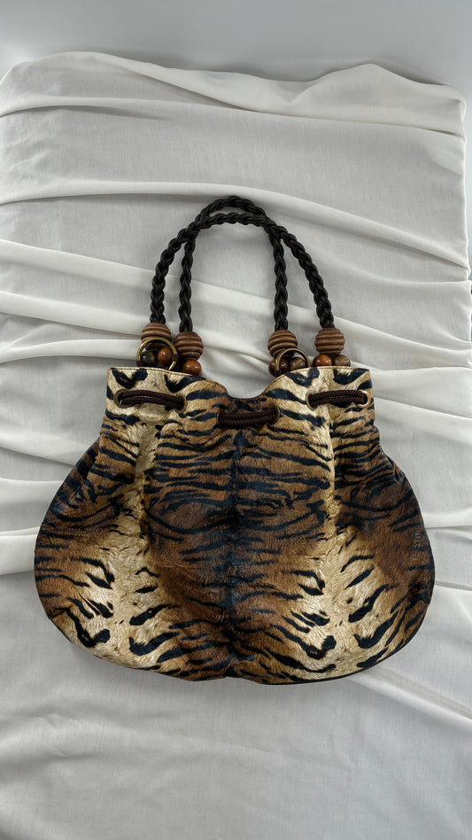 Vintage Oversized Animal Print Slouchy Bag with Braided Leather Strap and Beaded Details