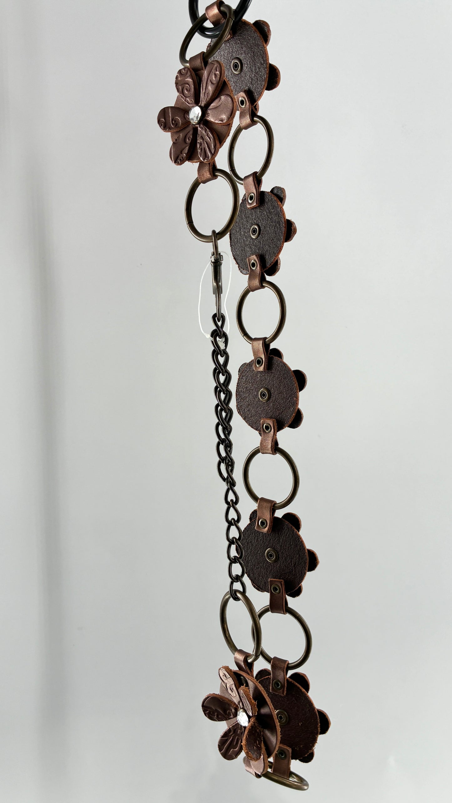 Vintage RELIC Brown Bronze Leather Flower Chain Belt with Rhinestones (M/L)