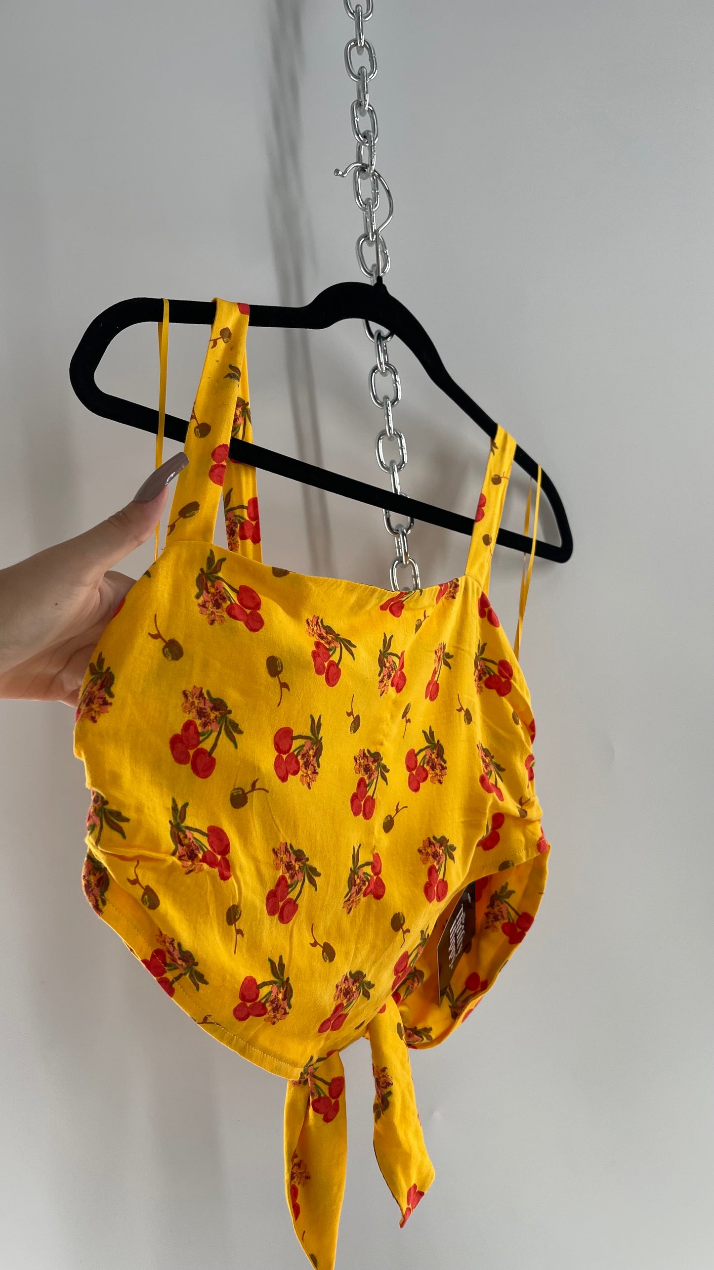 Urban Outfitters Yellow Cherry Printed Crop with Tie Back Top (XS)