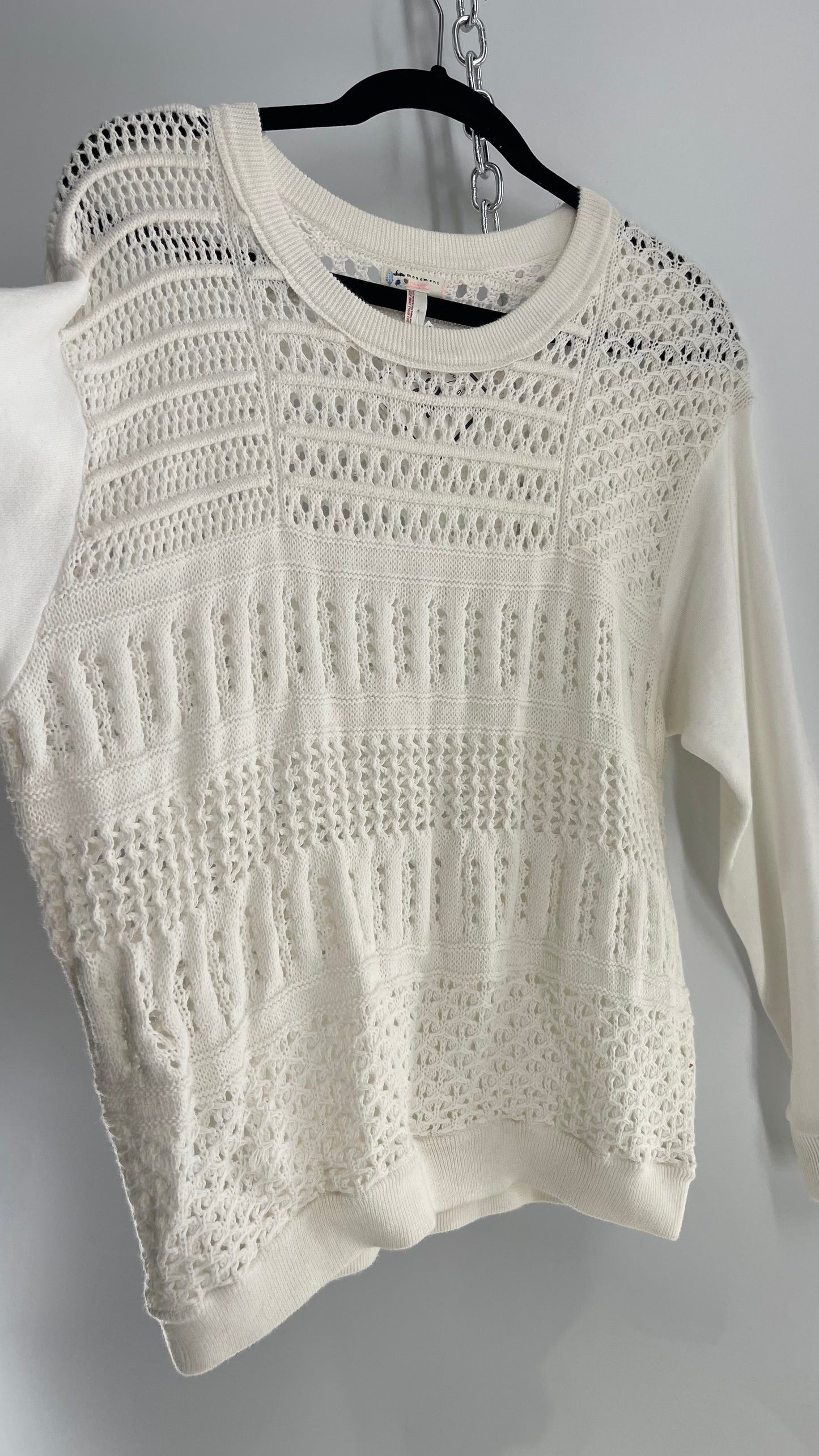 Free People Movement White Sweater with Open Knit Body (Medium)