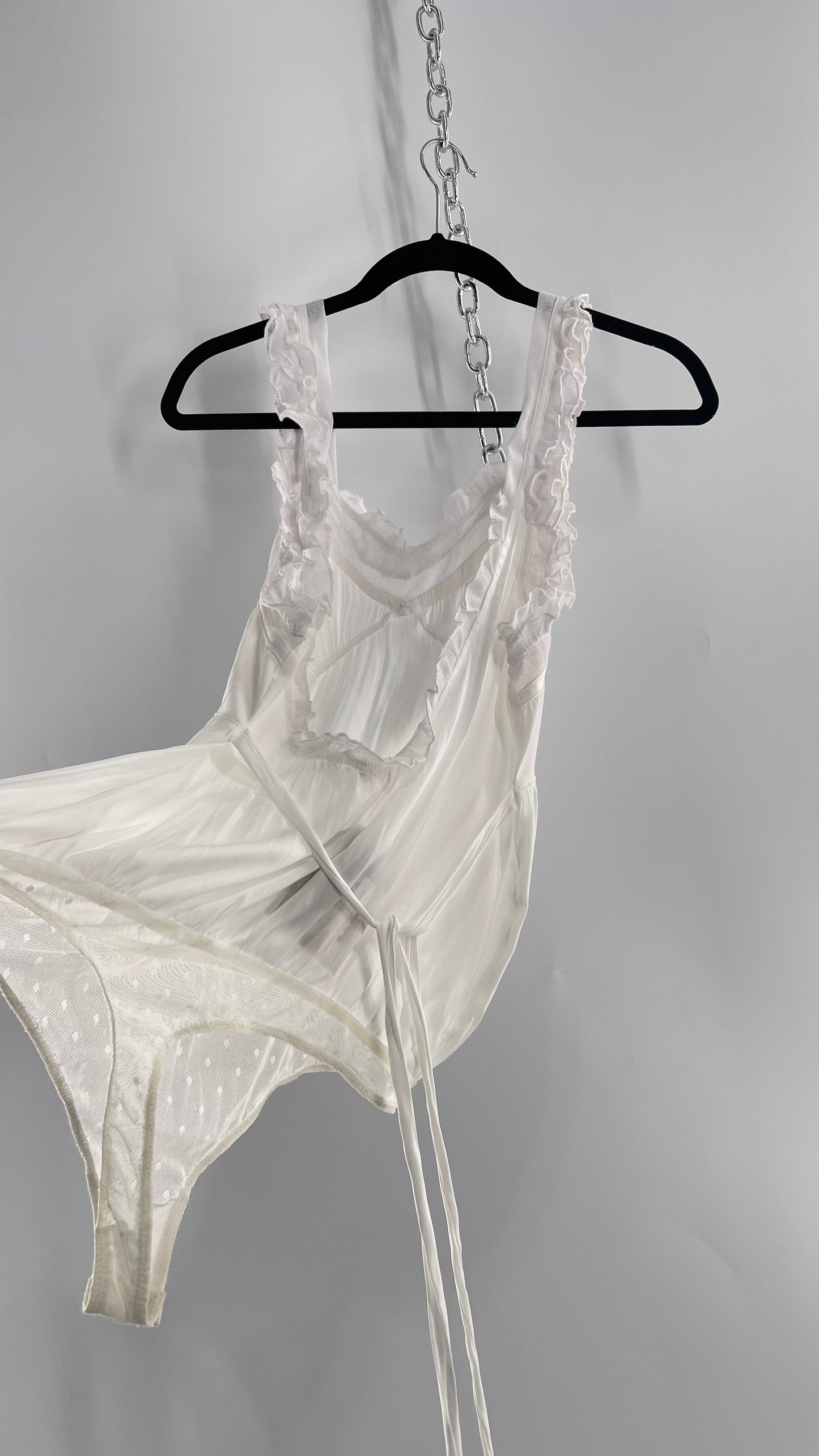 Free People White Silky Soft Bodysuit with Ruffled Bust-line and Straps (M)