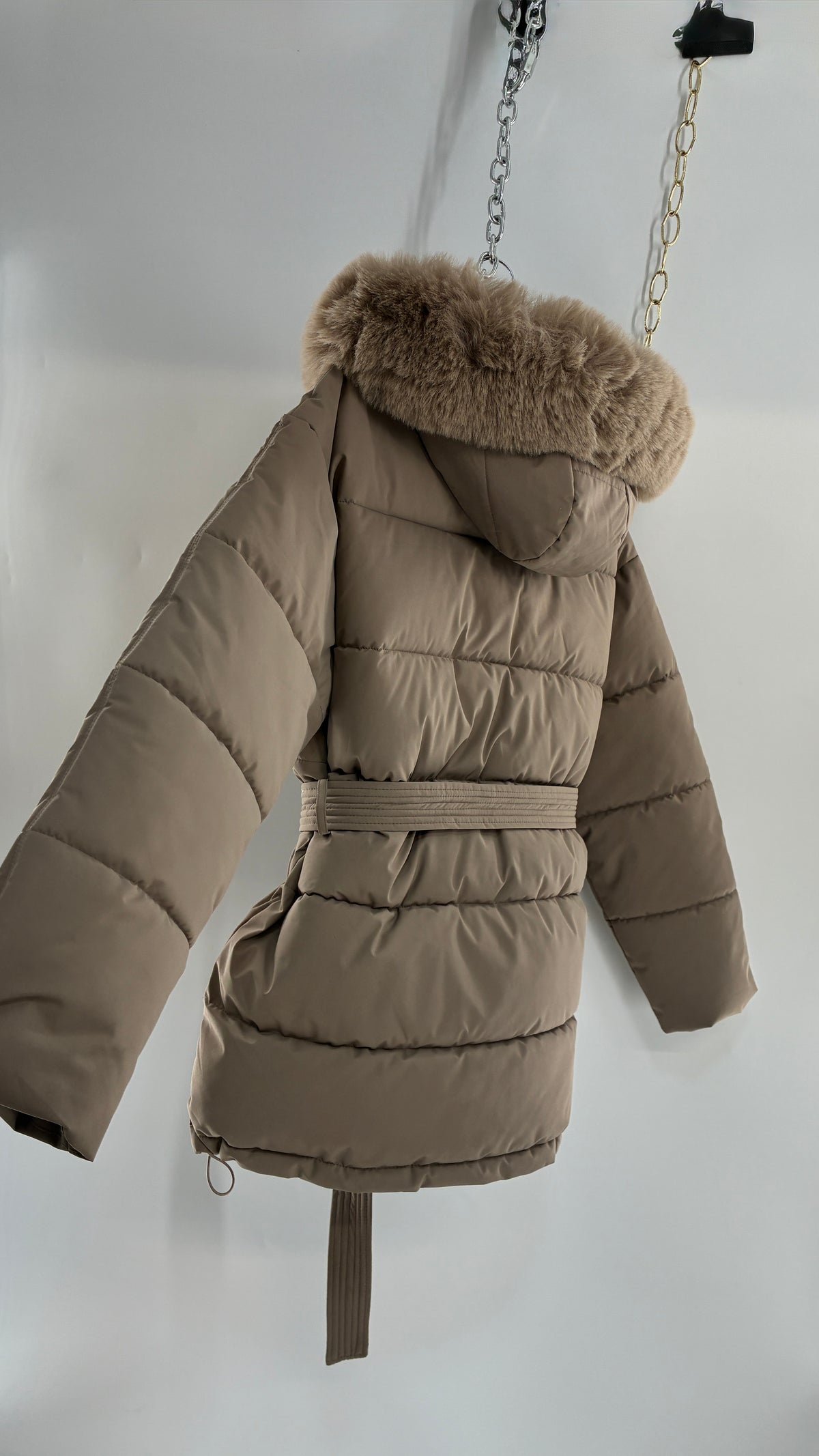KATCH ME Taupe NWOT Bubble Coat with Exaggerated Vegan Fur Lined Hood NWOT (XL)