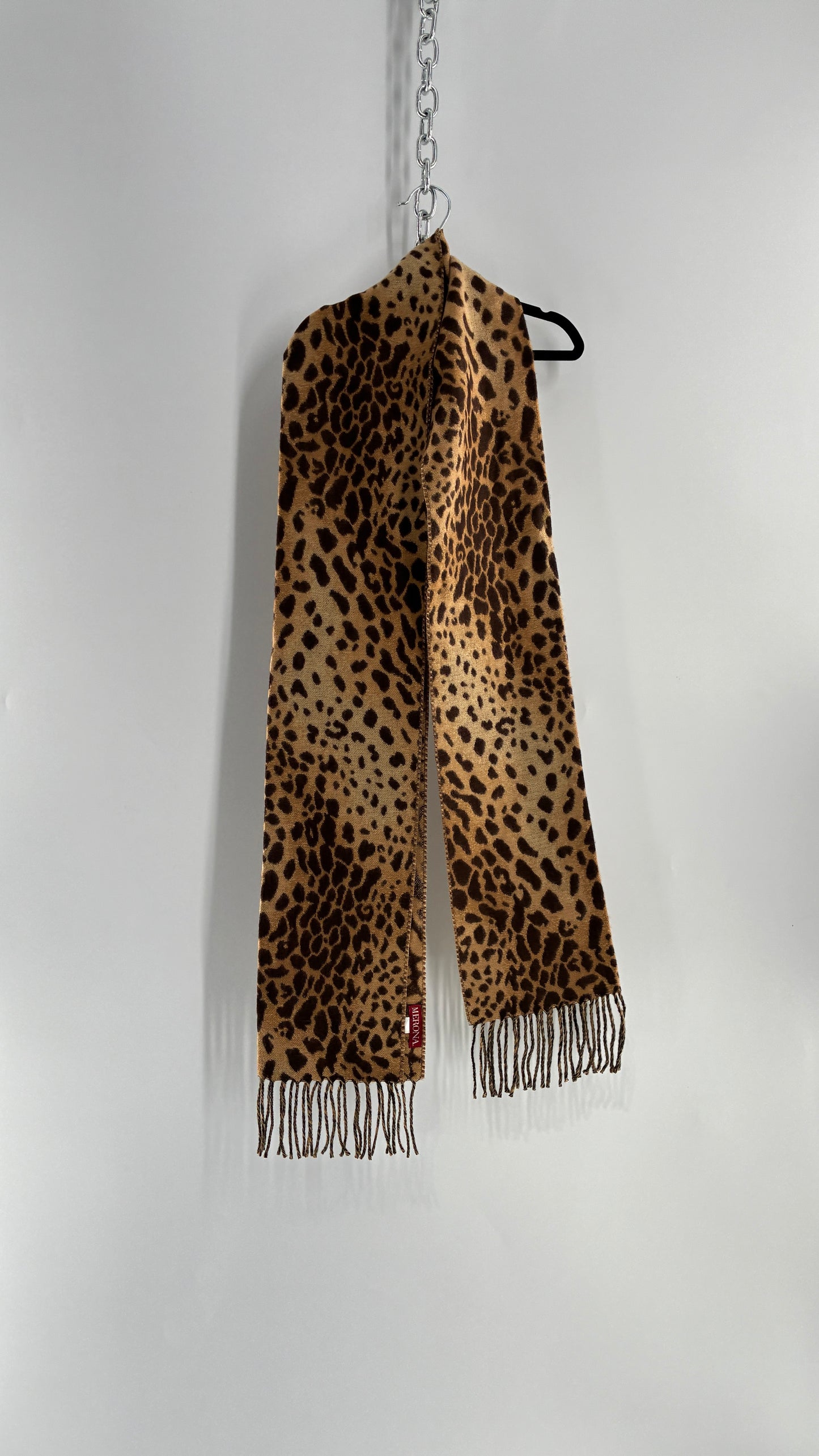 Deadstock Vintage Cheetah Printed Scarf with Fringed Ends and Tags Attached